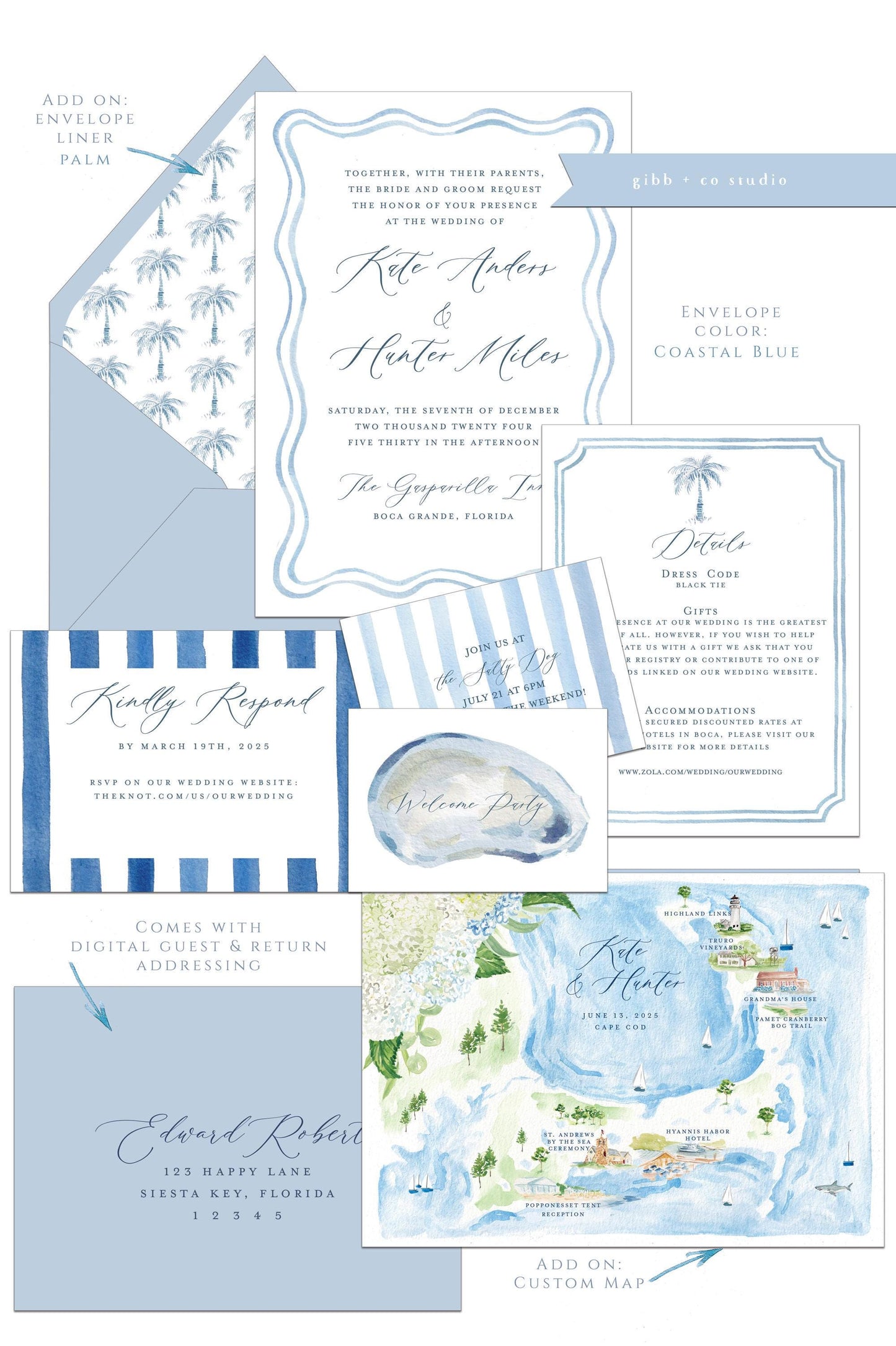 Grayson Coastal wedding invitation, beach wedding, nautical wedding, watercolor wedding, Semi Custom, rsvp, details, blue, deposit