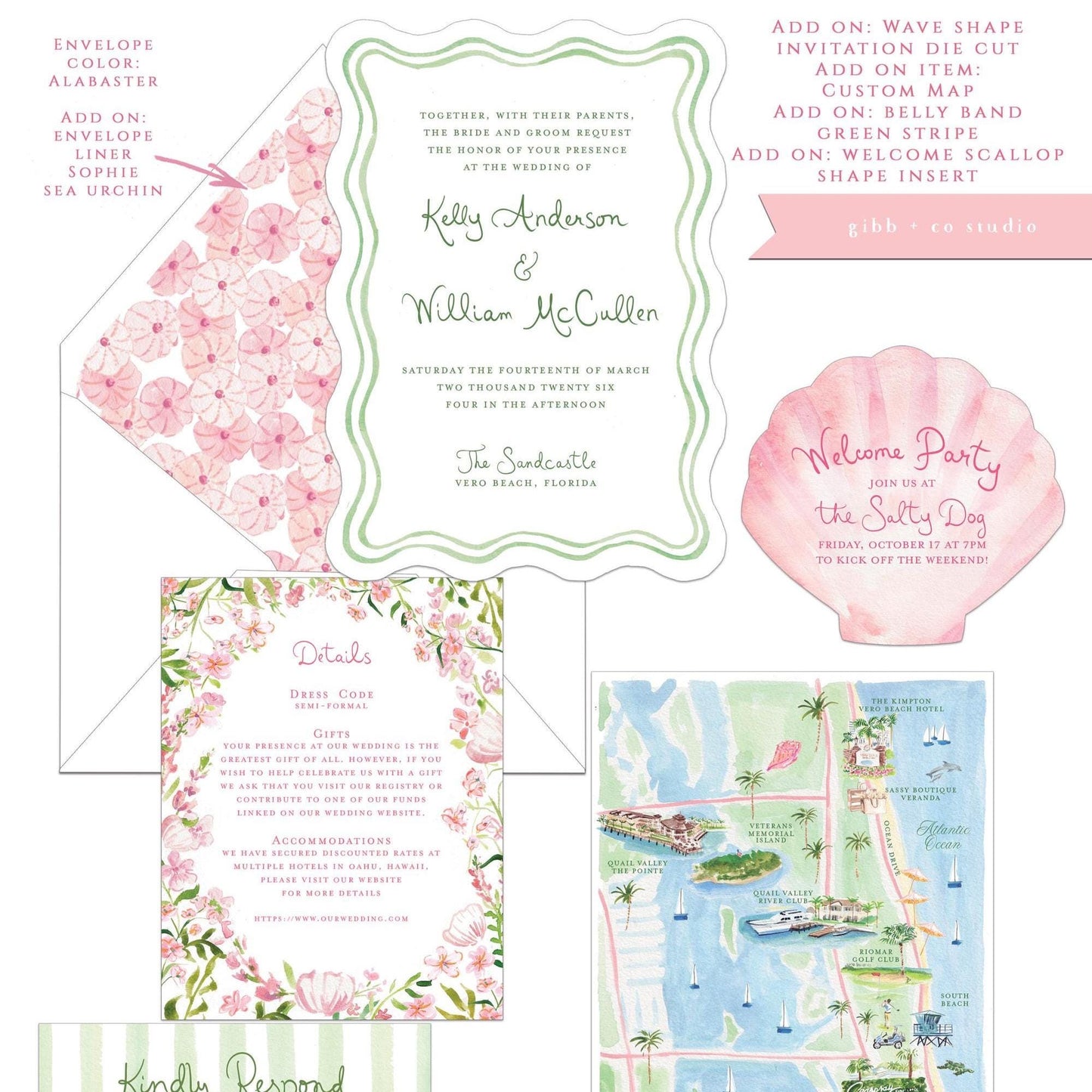 Sophie Beach wedding invitation, pink and green, tropical flowers, beach wedding, destination wedding, semi custom, watercolor invites, deposit only