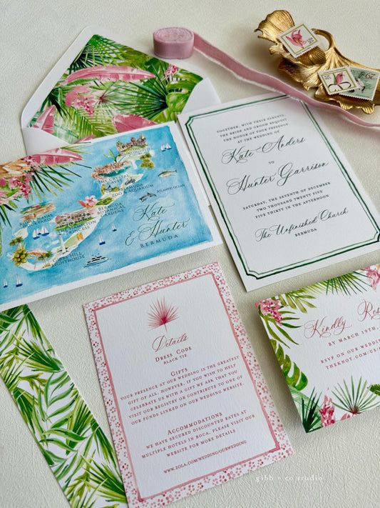 Tropical wedding invitations, beach wedding, Coastal wedding, Victoria Semi Custom wedding invites, rsvp, detail, watercolor palms, green