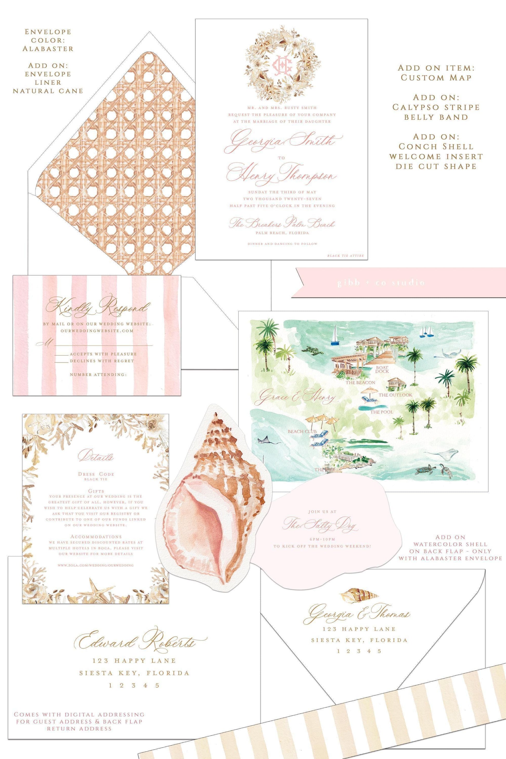 Calypso beach semi custom collection with custom map add on, custom conch shell welcome insert add on and other add on options.