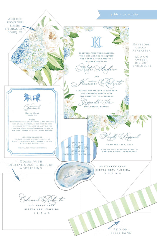 Elise Coastal wedding invitation, blue hydrangea, beach wedding, coastal wedding, watercolor, Semi Custom set, Nantucket style, deposit