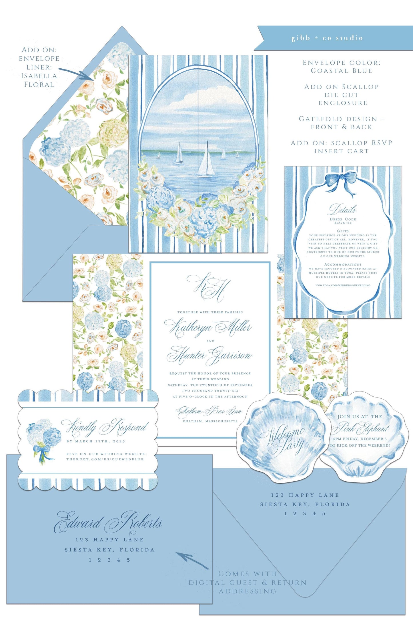 Isabella Coastal wedding invitation, blue hydrangea, beach wedding, coastal wedding, watercolor Semi Custom wedding set, deposit only