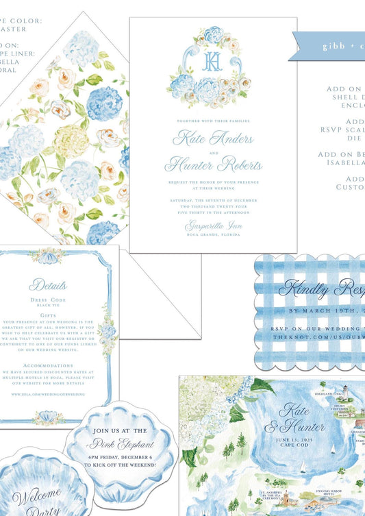 Catherine Coastal wedding invitation, blue hydrangea, beach wedding, coastal wedding, watercolor Semi Custom wedding set, deposit only