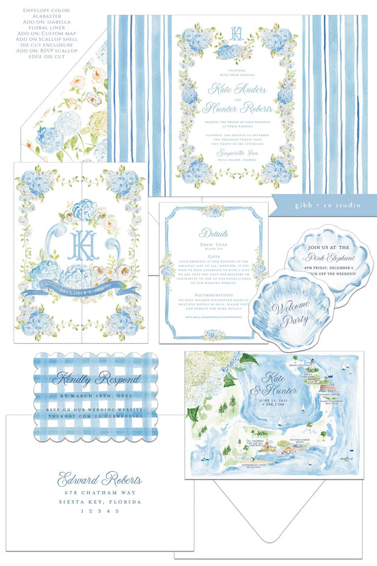 Georgina Coastal wedding invitation, blue hydrangea, beach wedding, coastal wedding, watercolor Semi Custom wedding set, deposit only