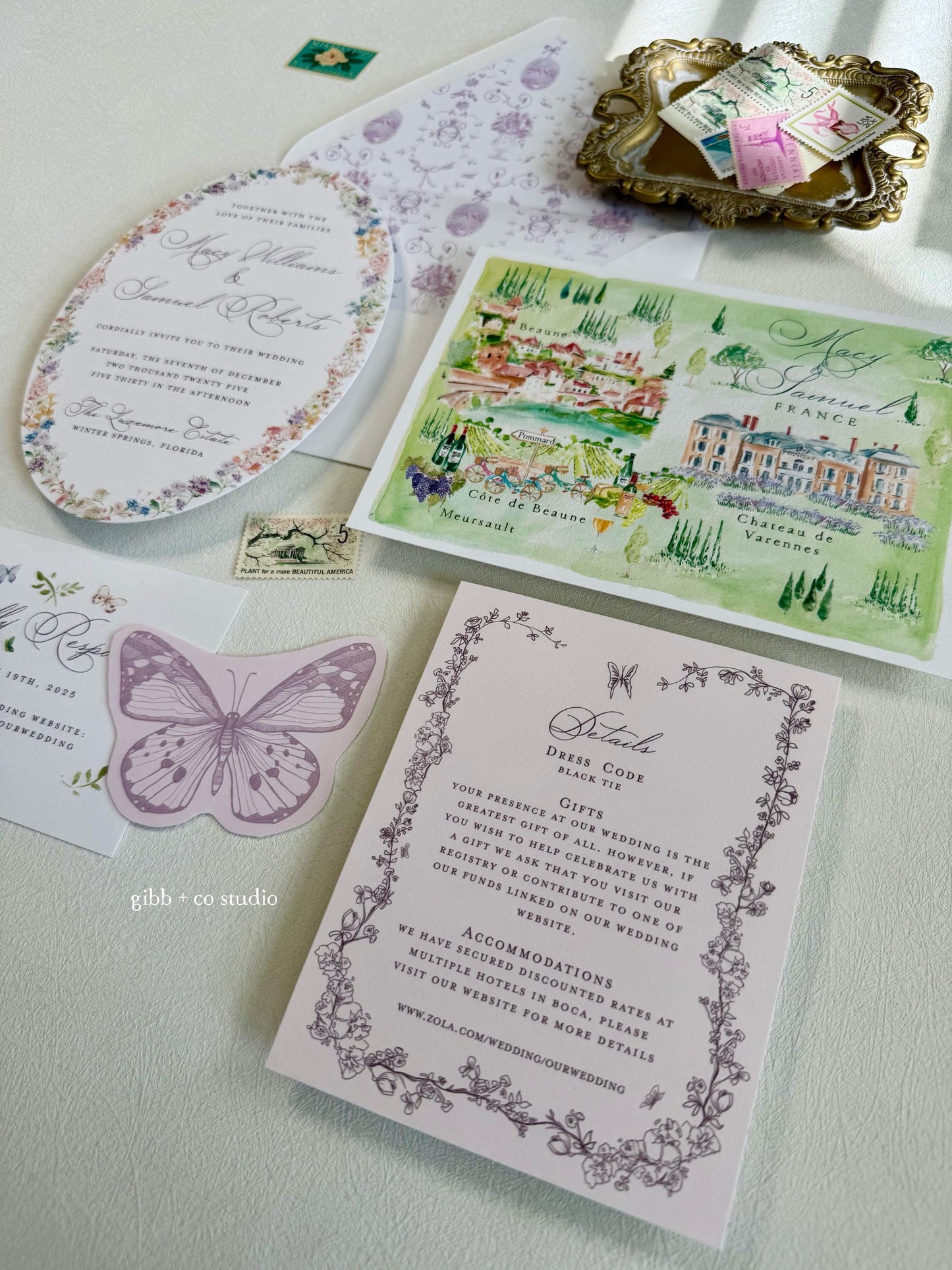 Lilibet Floral wedding invitation set, Oval, garden wedding invites, rsvp, detail, watercolor, semi custom, deposit only