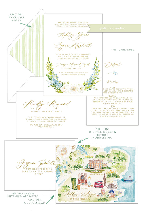 Floral wedding invitations, Semi Custom printed wedding invitations, blue, white, green, hand painted wedding set, rsvp, details