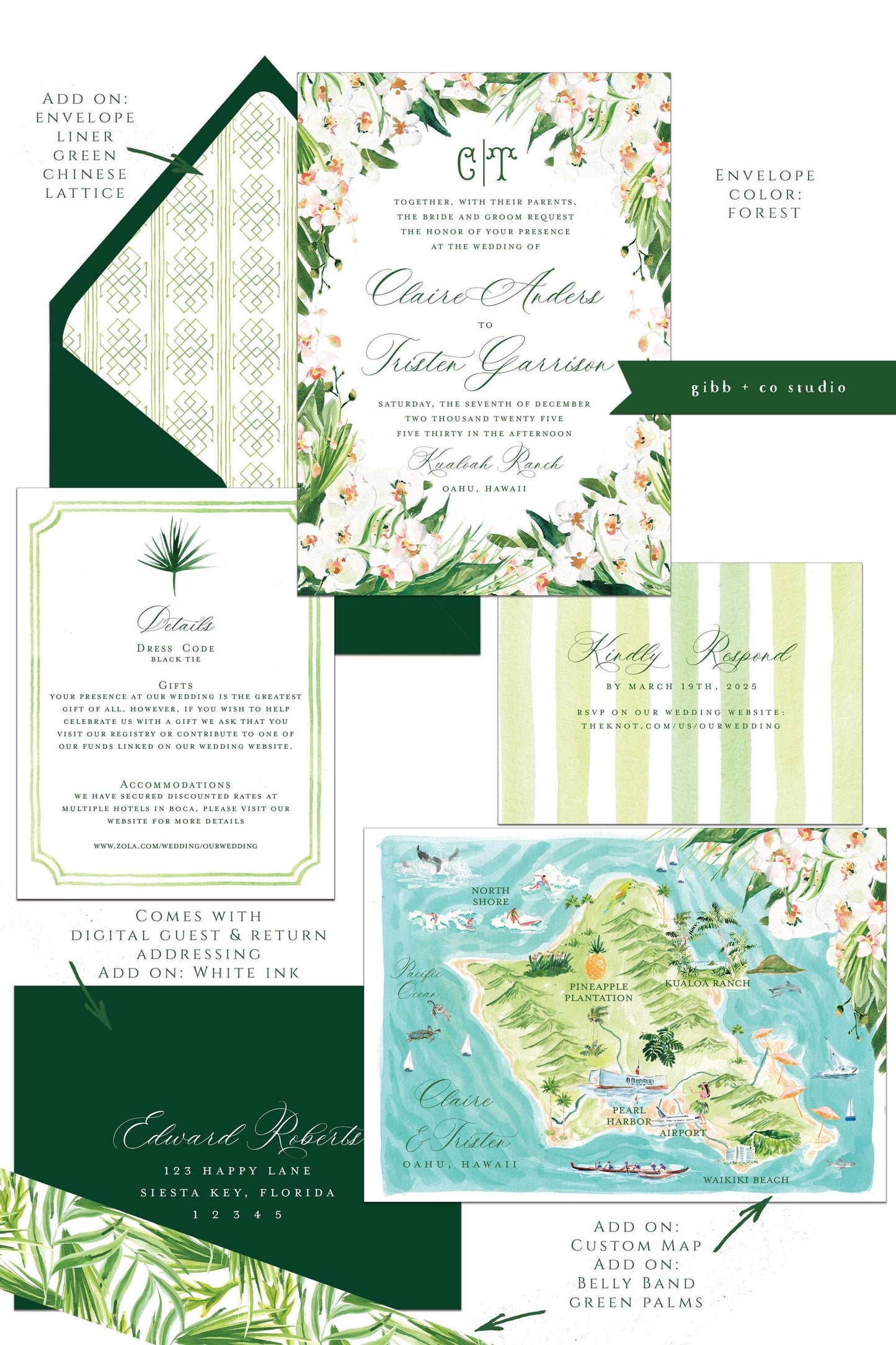 Tropical wedding invitations, beach wedding, Coastal wedding, White Orchid Tori Semi Custom wedding invites, rsvp, detail, deposit