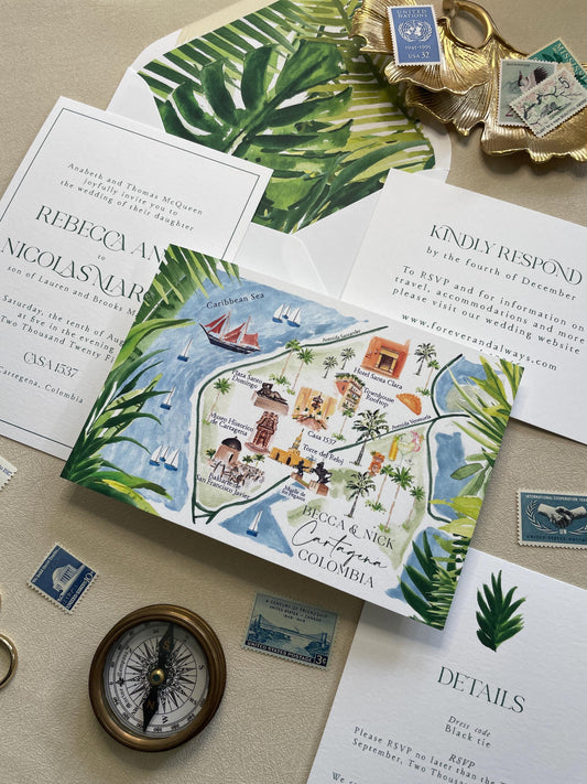 Tropical wedding invitations, Semi Custom printed wedding invitations, tropical, palm, minimal, wedding invites, rsvp, details deposit