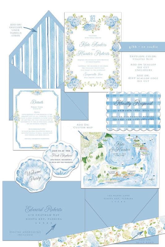 Georgina Coastal wedding invitation, blue hydrangea, beach wedding, coastal wedding, watercolor Semi Custom wedding set, deposit only