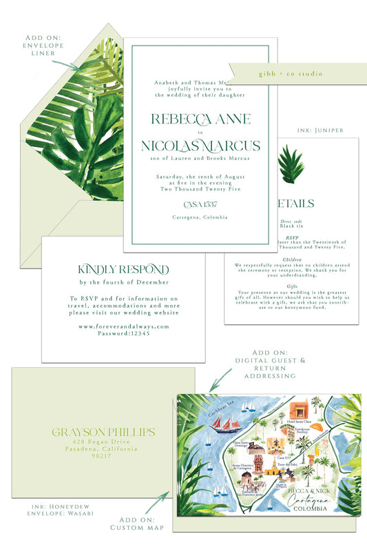 a green and white wedding suite with a tropical theme