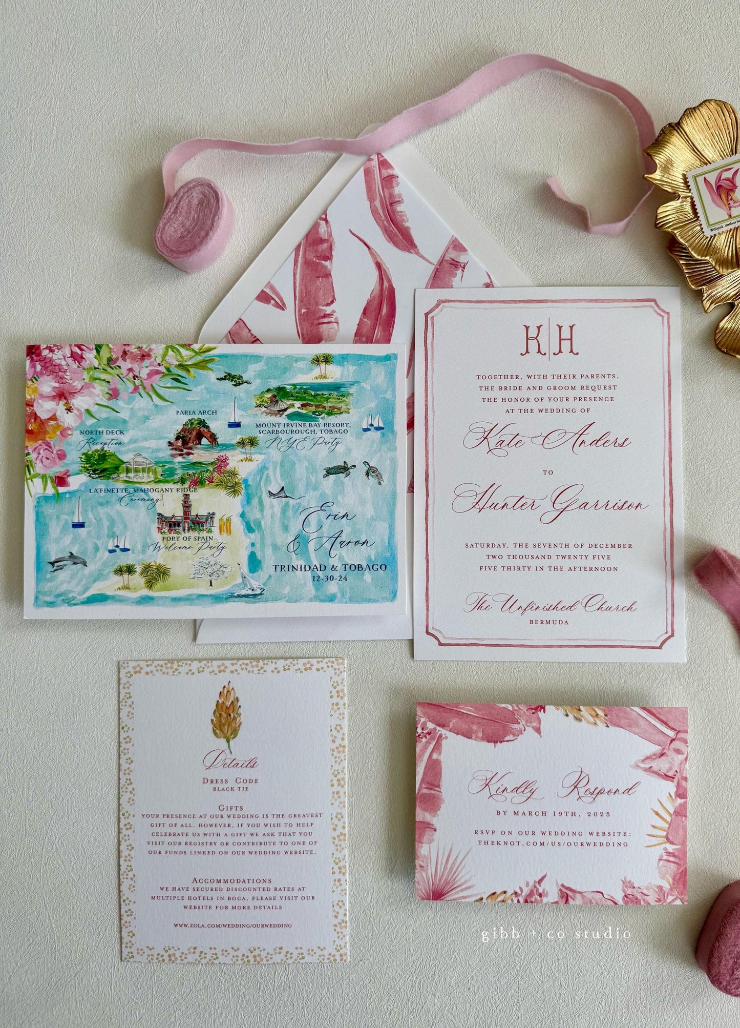Tropical wedding invitations, beach wedding, Coastal, Ainsley Semi Custom wedding invites, rsvp, detail, watercolor palms, pink, deposit