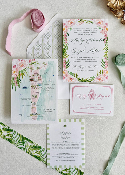 Tropical wedding invitations, beach wedding, Coastal wedding, Katie Semi Custom wedding invites, rsvp, detail, peony, watercolor pink floral