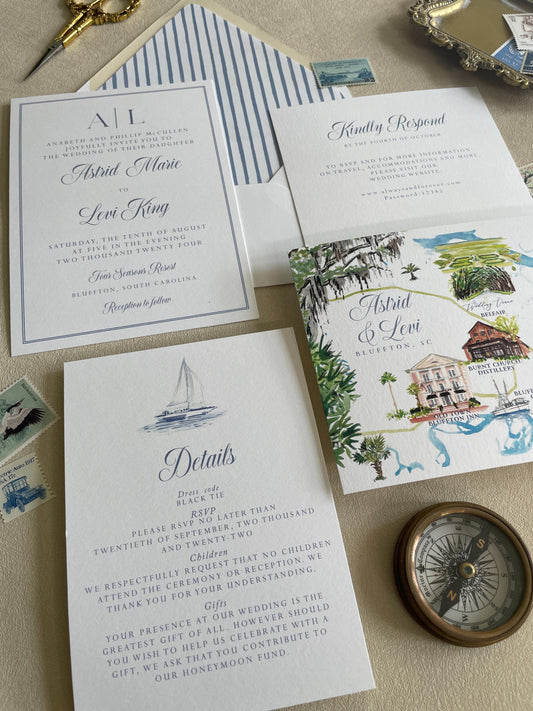 Astrid minimal coastal, Watercolor Coastal Wedding Invitations, Semi Custom, RSVP deposit