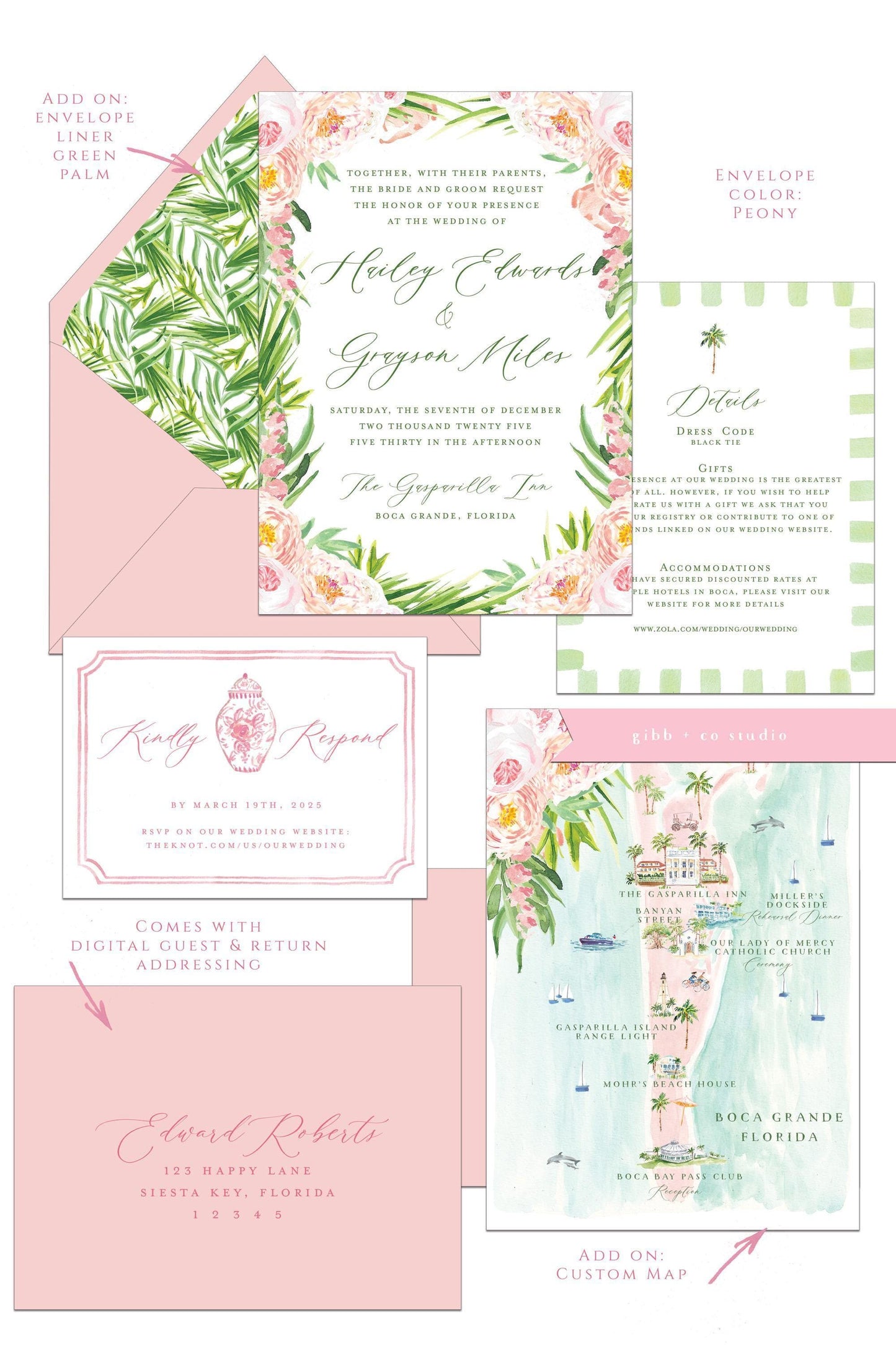 Tropical wedding invitations, beach wedding, Coastal wedding, Katie Semi Custom, rsvp, detail, peony, watercolor pink floral, deposit