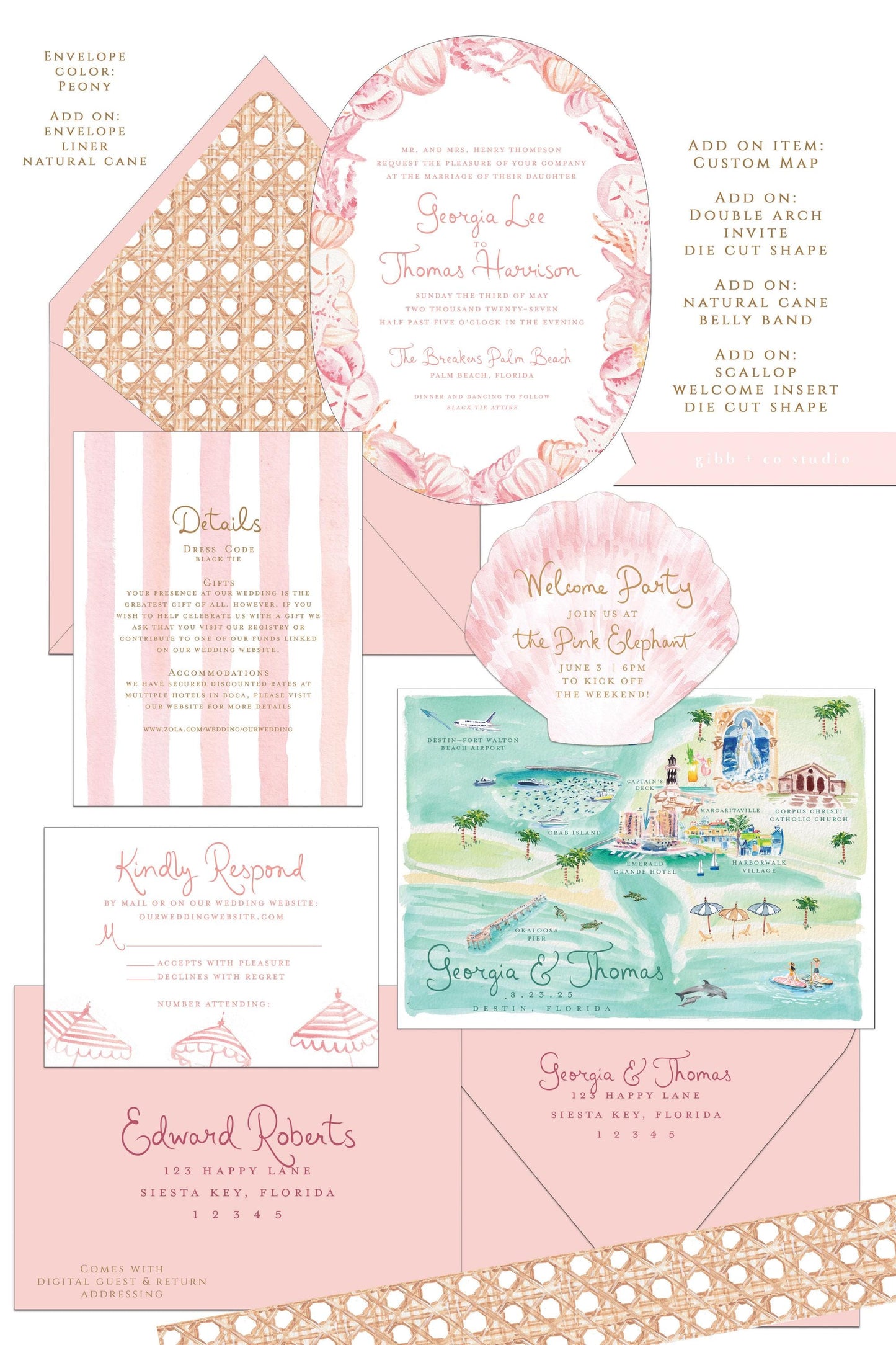 Cleo Watercolor Beach Wedding Invitation, Coastal Design, pink, semi custom, Deposit