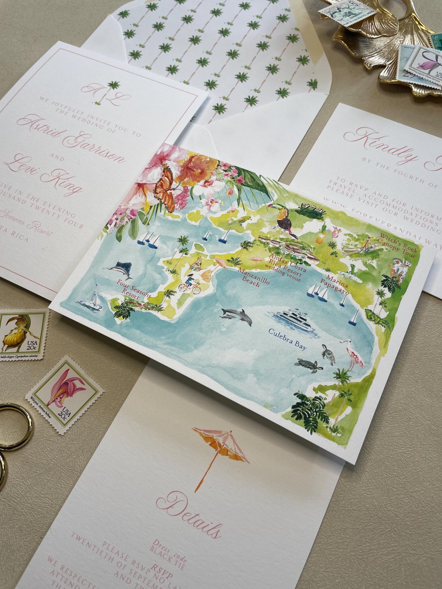 Tropical wedding invitations, Semi Custom printed, tropical, hand painted wedding set, wedding invites, rsvp, details, deposit