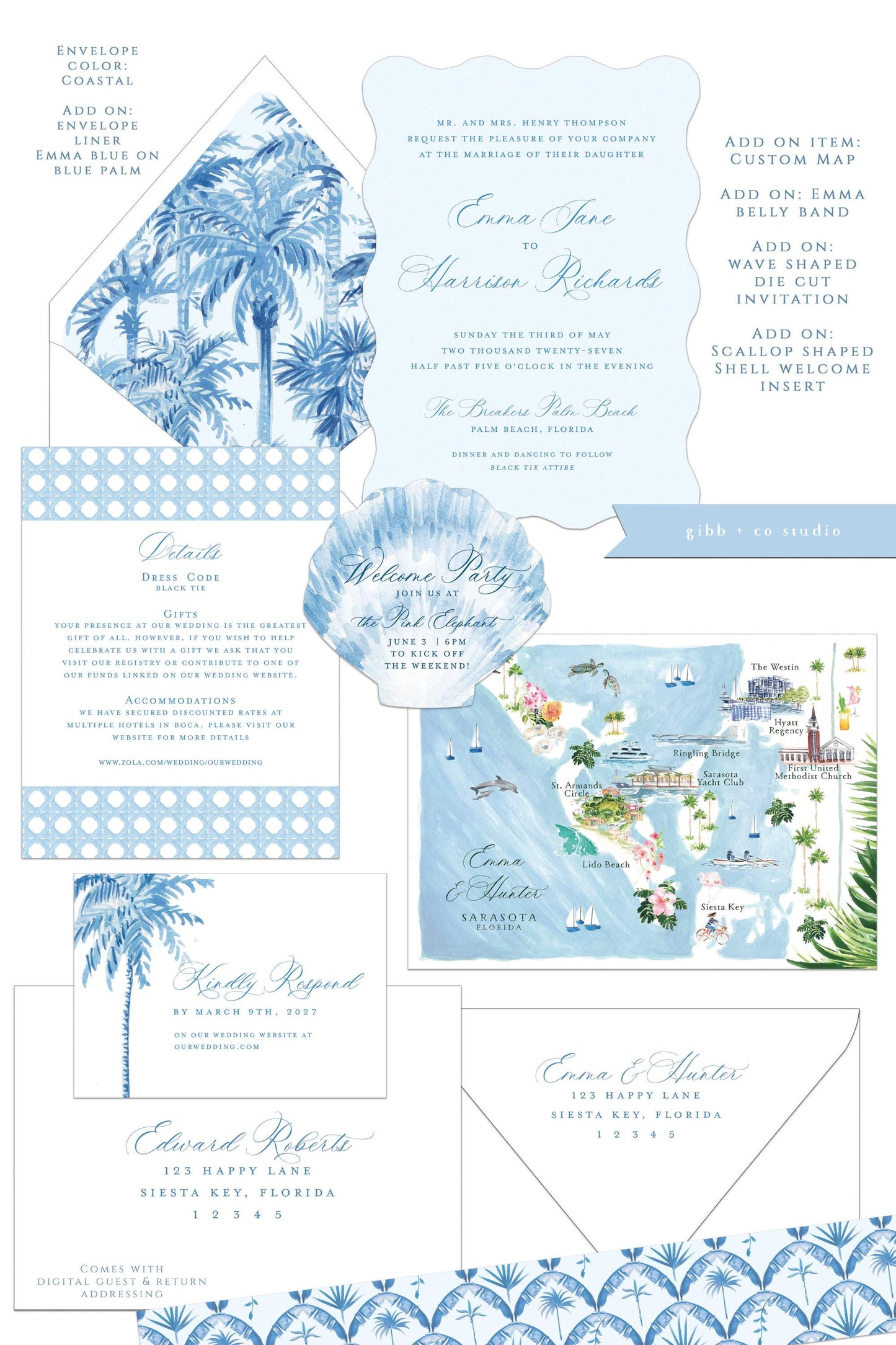 Emma wedding invitation, blue, beach wedding, tropical wedding, semi custom, coastal wedding, destination wedding, watercolor invites, deposit only