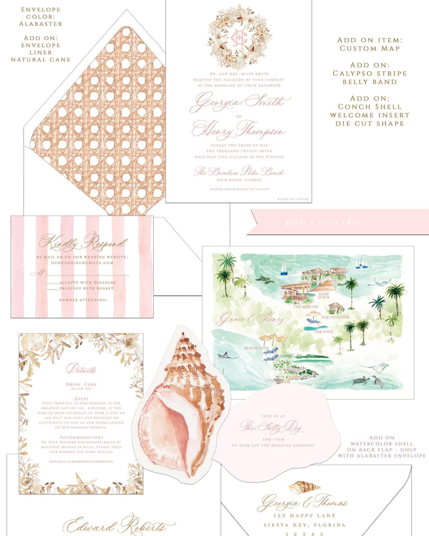 Close up view of Calypso beach semi custom collection with custom add ons with a white envelope.