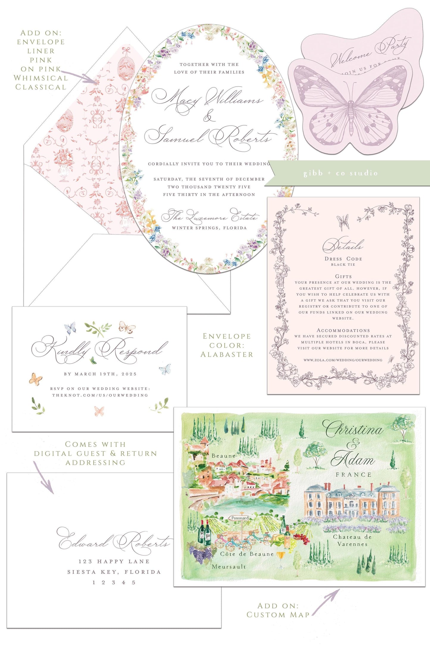 Lilibet Floral wedding invitation set, Oval, garden wedding invites, rsvp, detail, watercolor, semi custom, deposit only