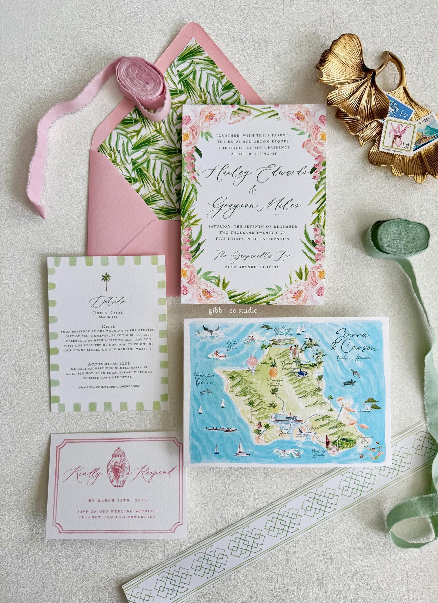 Tropical wedding invitations, beach wedding, Coastal wedding, Katie Semi Custom, rsvp, detail, peony, watercolor pink floral, deposit