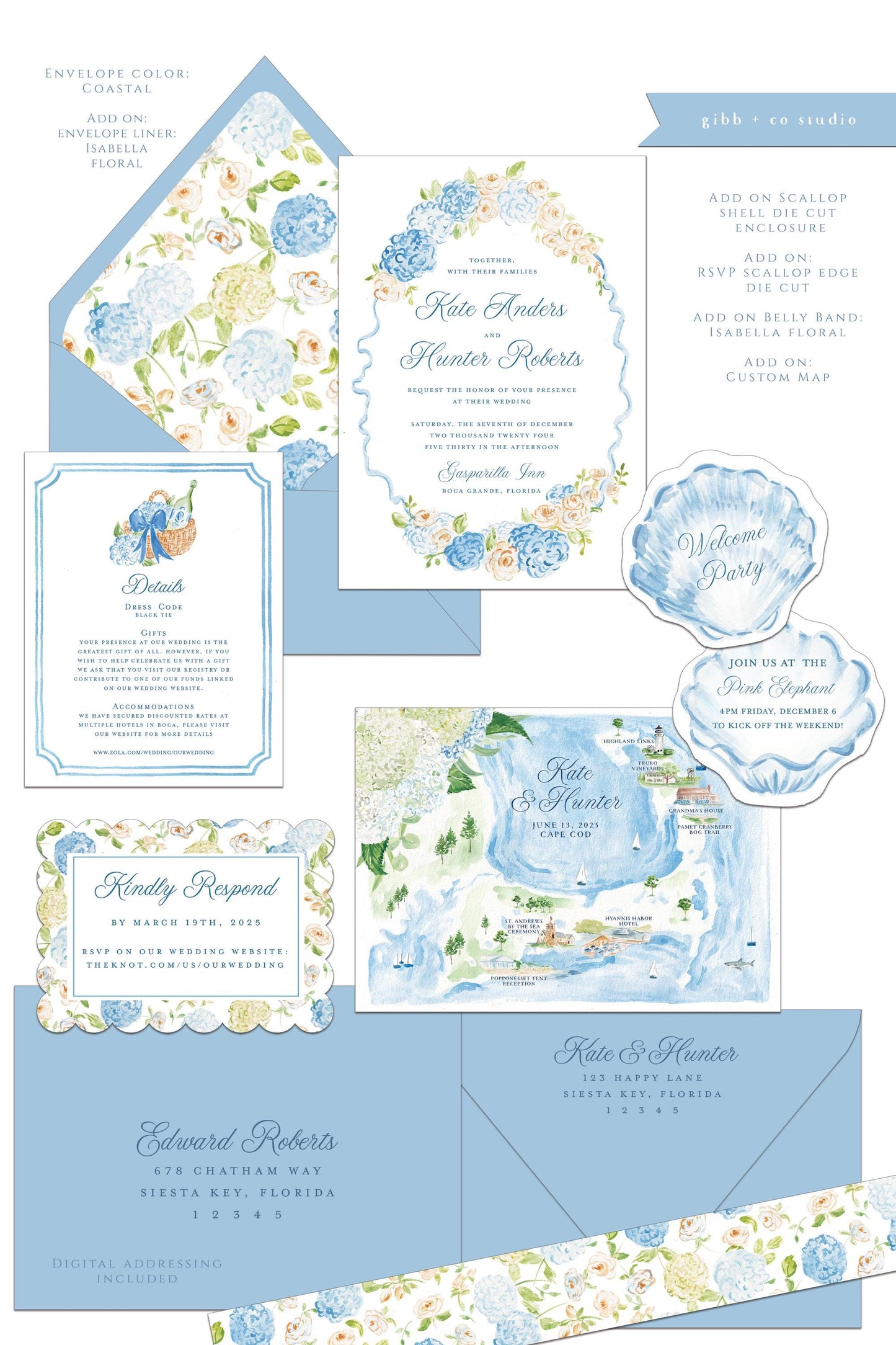 Kelsey Coastal wedding invitation, blue hydrangea, beach wedding, coastal wedding, watercolor Semi Custom wedding set, deposit only