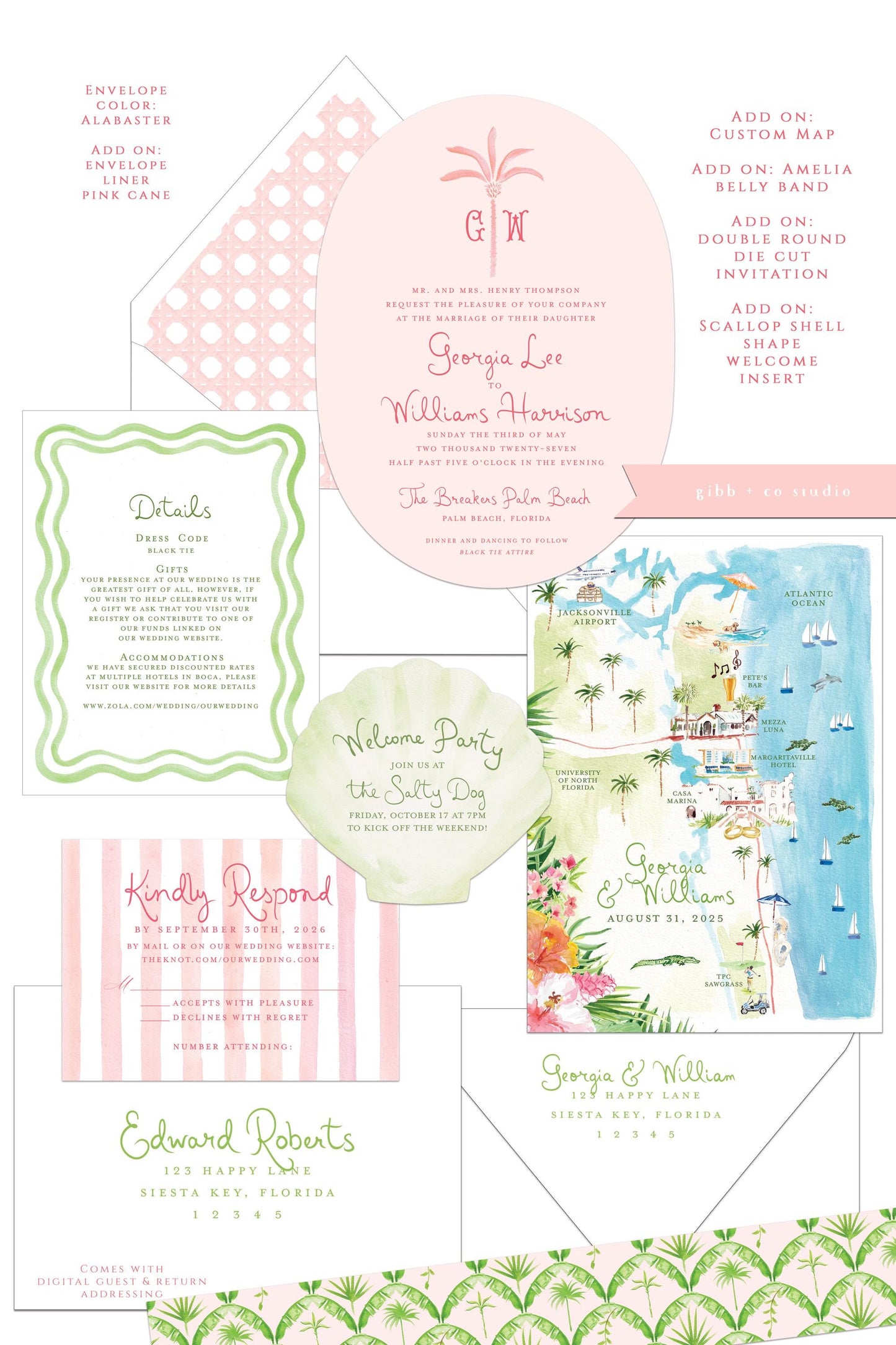 Amelia beach wedding set with white envelopes and custom options like custom map and pink cane envelope liner and belly band