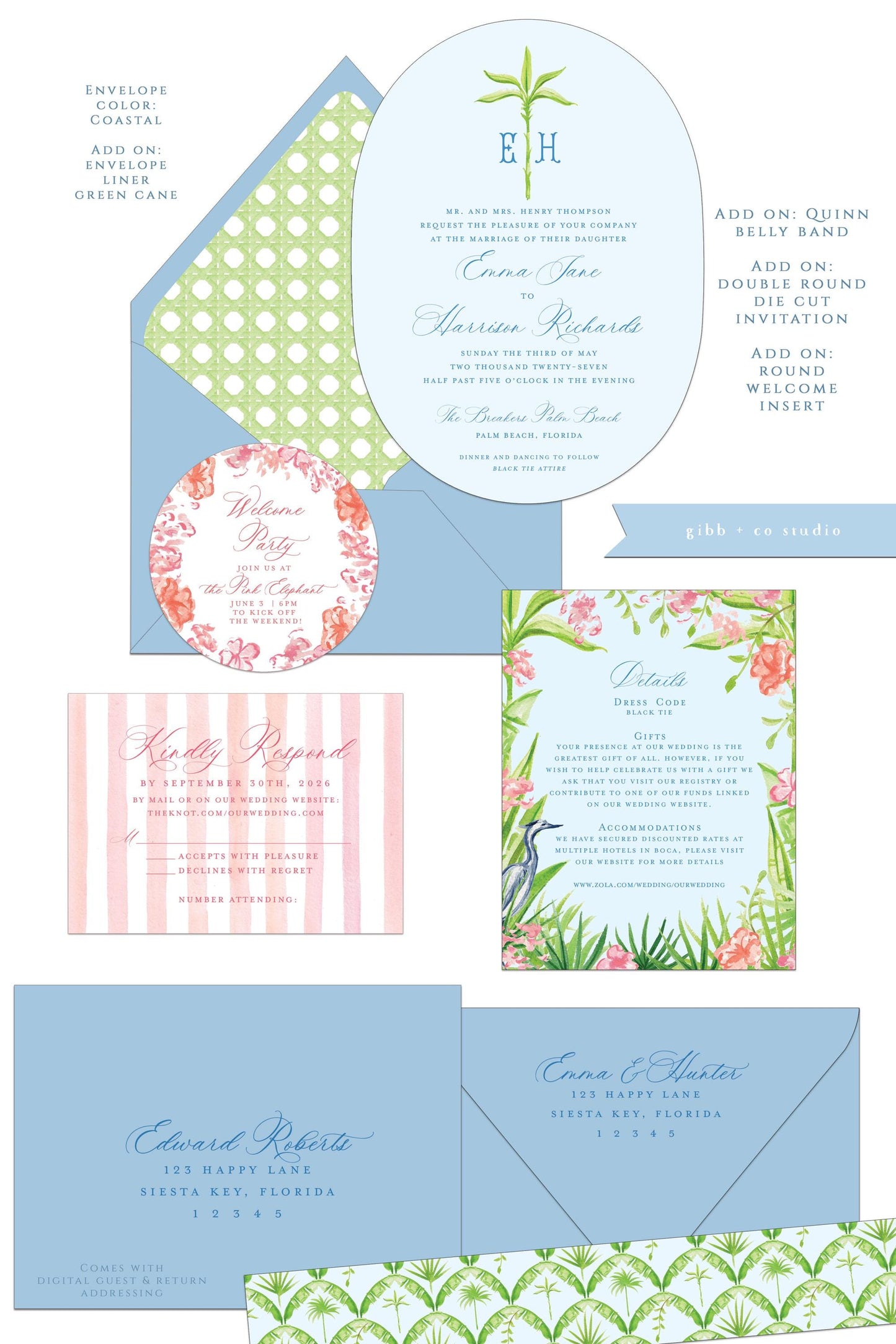 Quinn wedding set with coastal blue envelopes and custom options like blue cane envelope liner and belly band