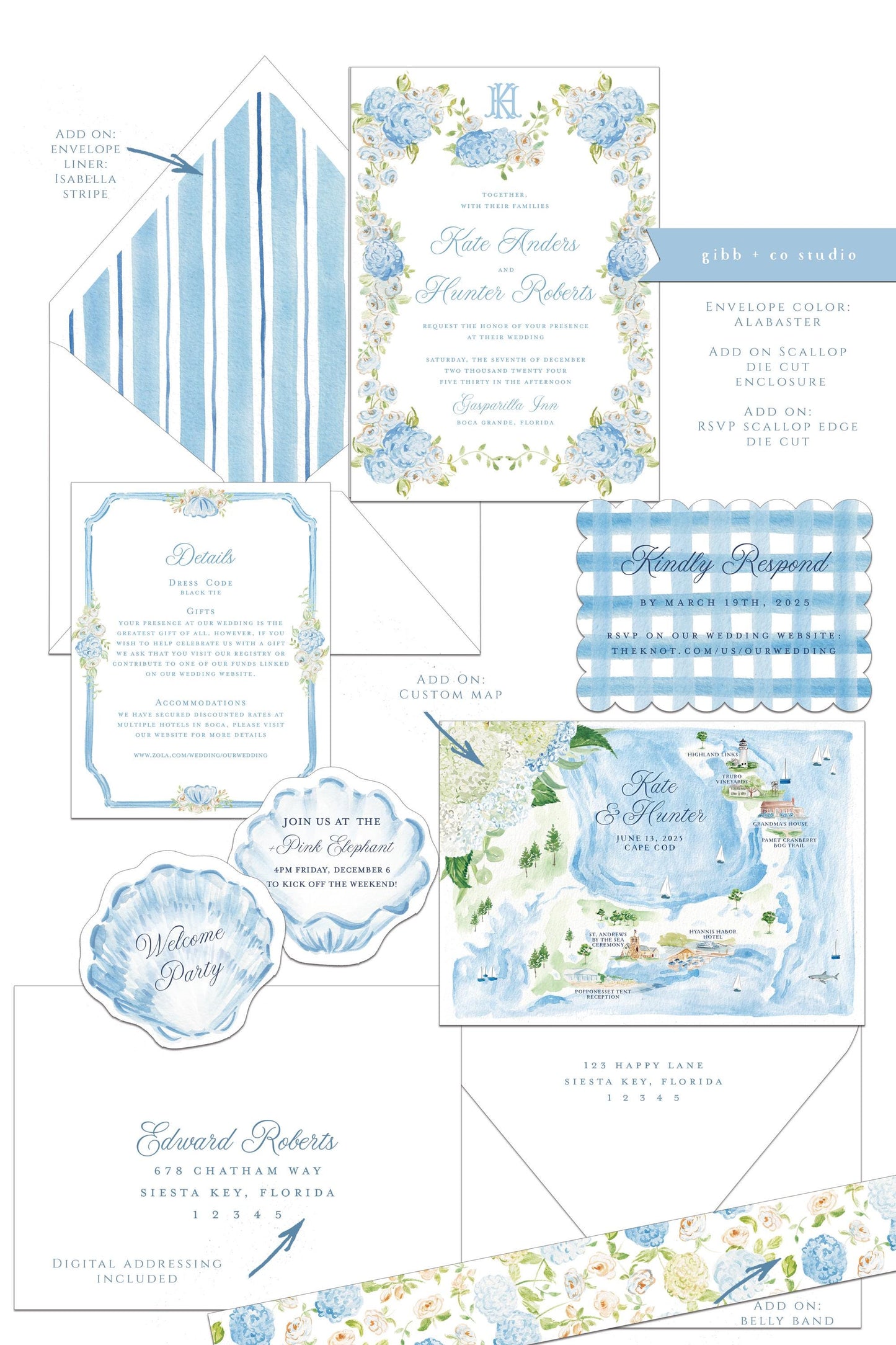 Georgina Coastal wedding invitation, blue hydrangea, beach wedding, coastal wedding, watercolor Semi Custom wedding set, deposit only