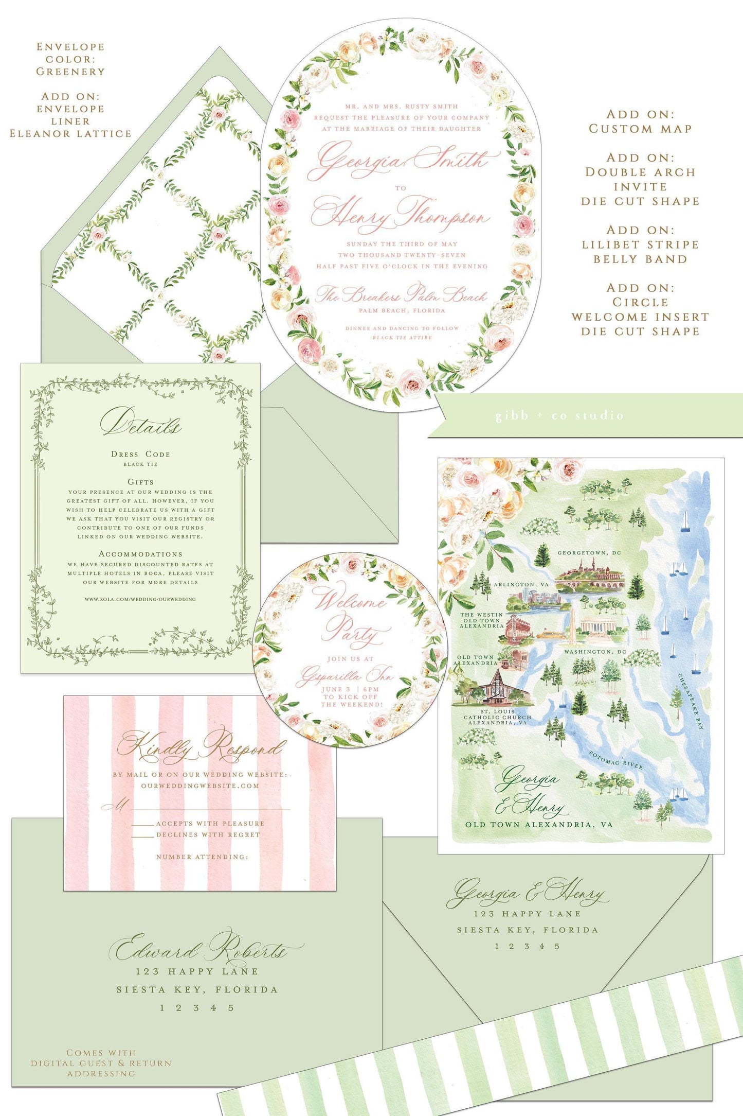 Eleanor semi custom collection wedding set with add on options such as custom map, belly band, welcome insert, liner and die cut shaped invitation shown with green envelope.