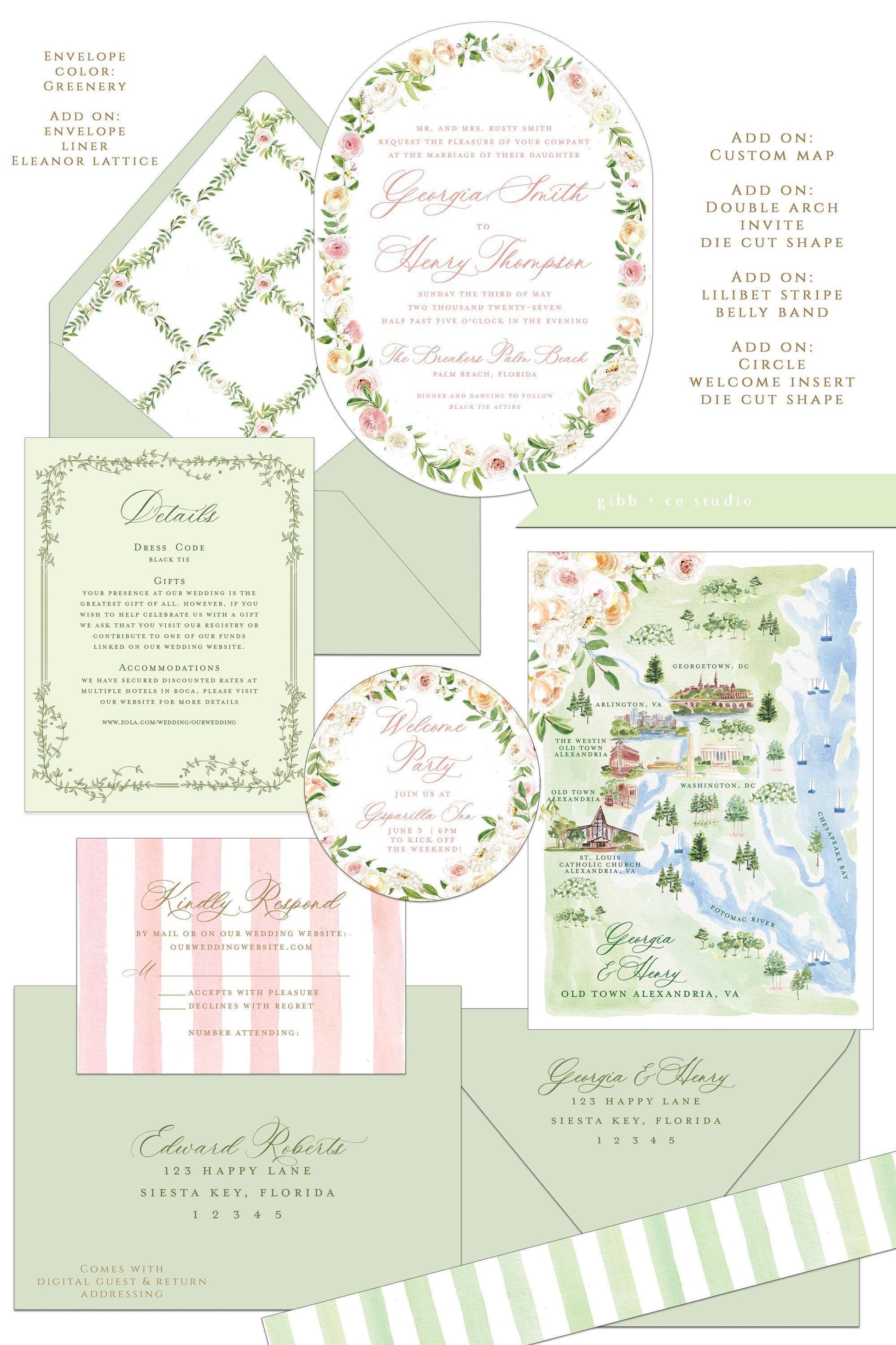 Eleanor semi custom collection wedding set with add on options such as custom map, belly band, welcome insert, liner and die cut shaped invitation shown with green envelope.
