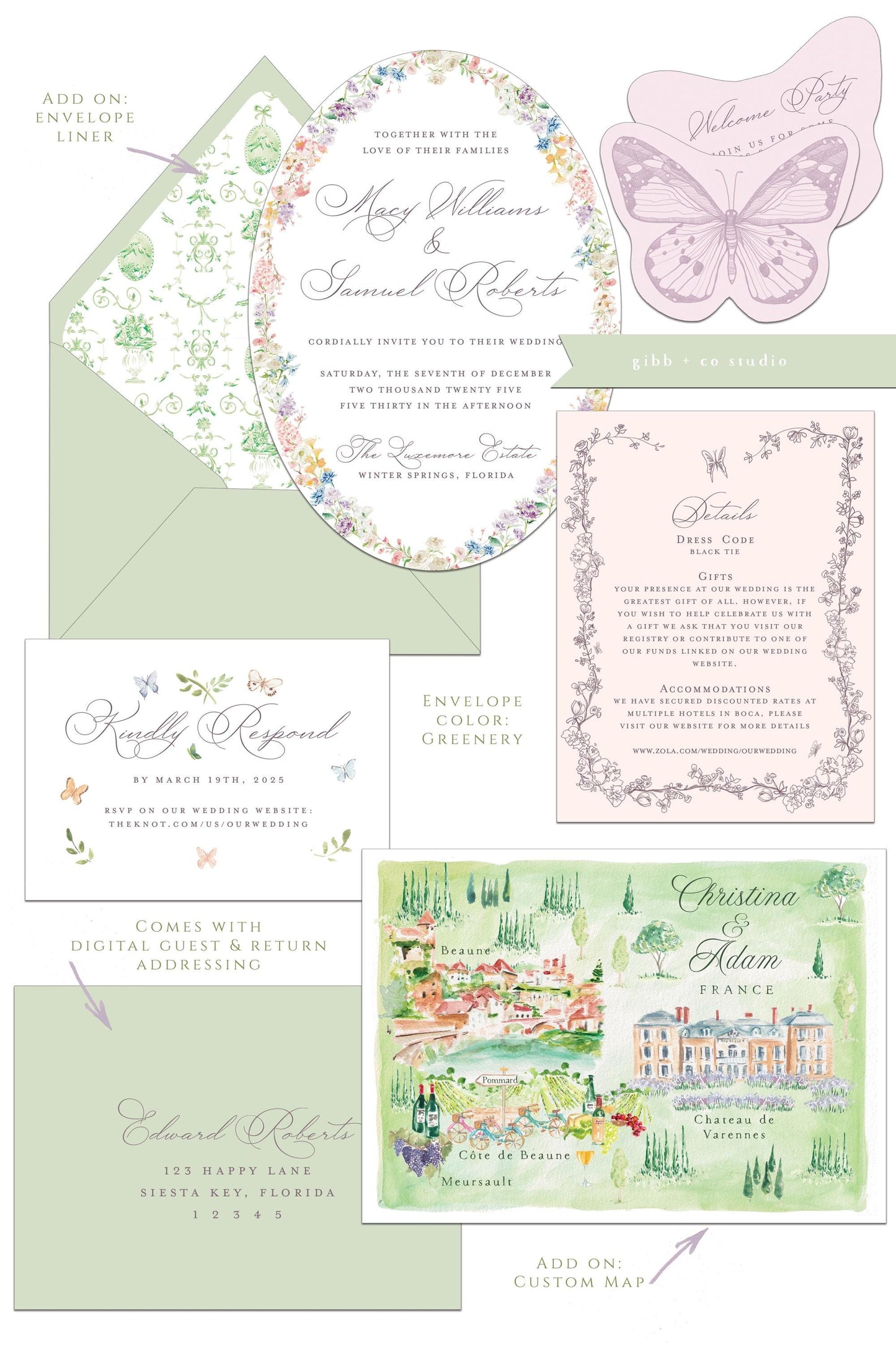 Lilibet Floral wedding invitation set, Oval, garden wedding invites, rsvp, detail, watercolor, semi custom, deposit only