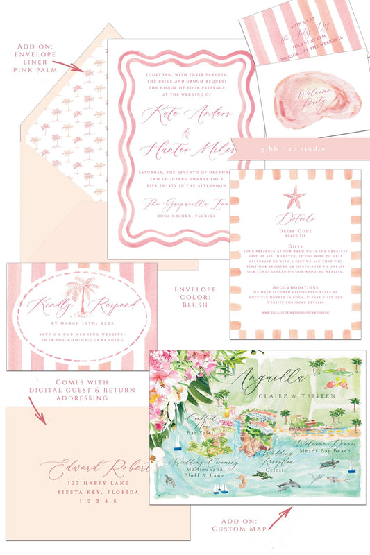 Pink Coastal wedding invitations, beach wedding, Bliss Semi Custom wedding invites, wedding invites, rsvp, detail, watercolor