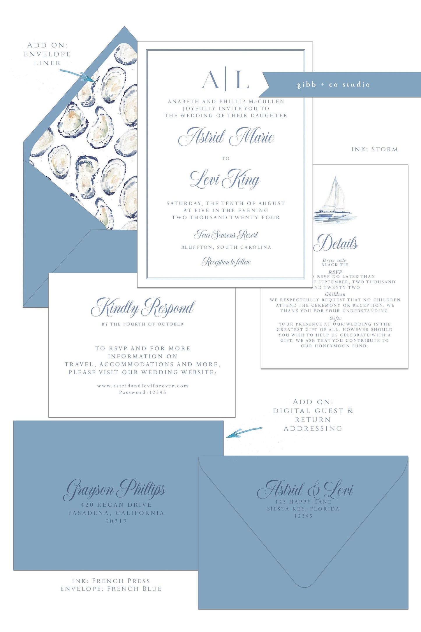 Astrid Coastal wedding invitations, Semi Custom set, coastal, beach wedding, watercolor, wedding invites, rsvp, details deposit