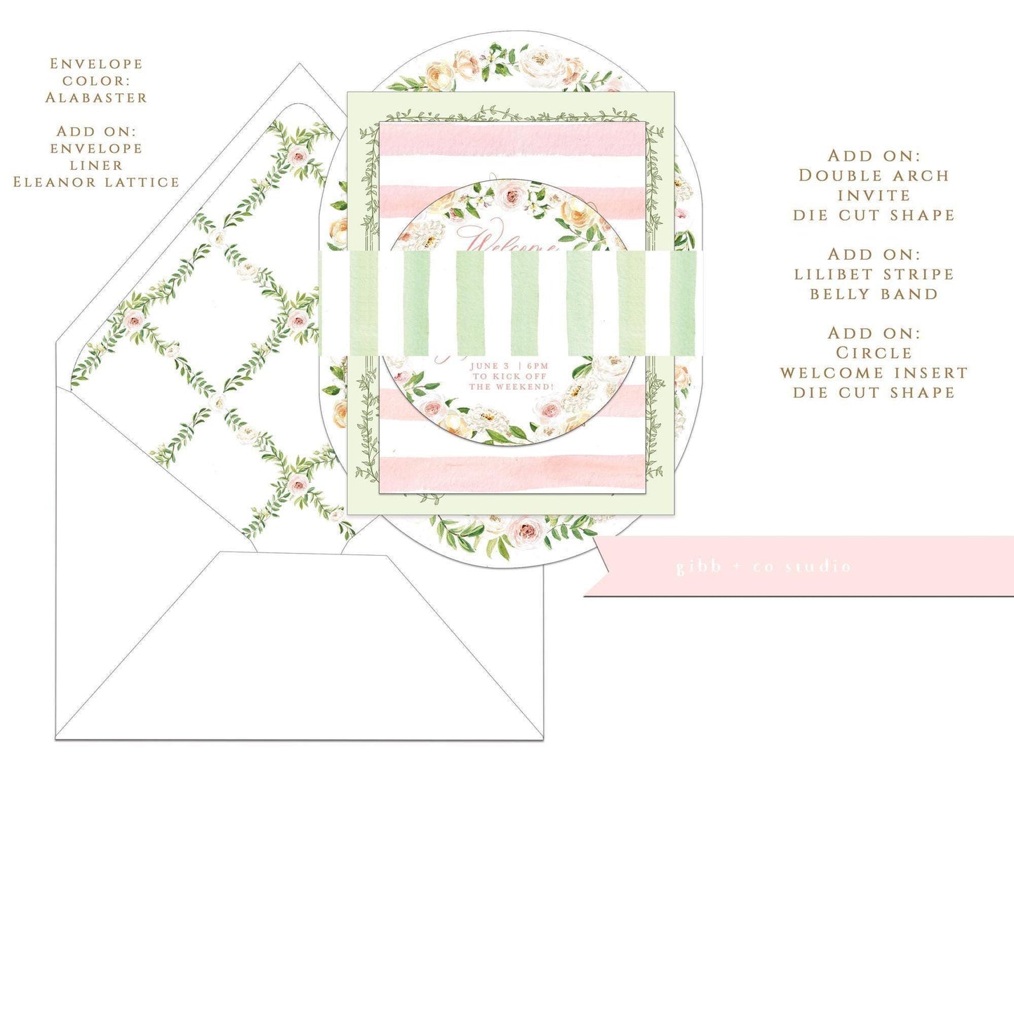 Eleanor semi custom collection shown in stack layout with white envelope with add on options.