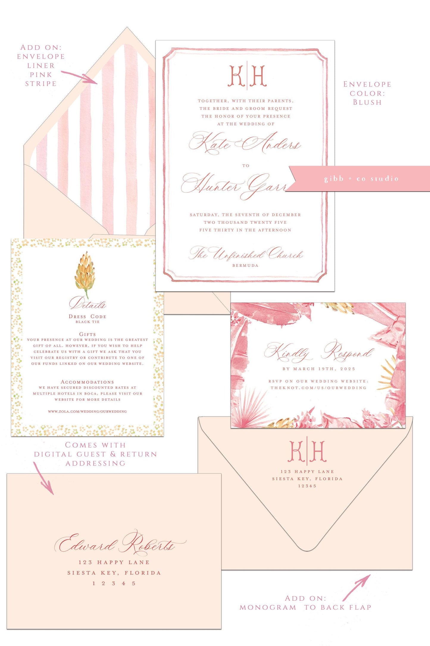 Tropical wedding invitations, beach wedding, Coastal, Ainsley Semi Custom wedding invites, rsvp, detail, watercolor palms, pink, deposit