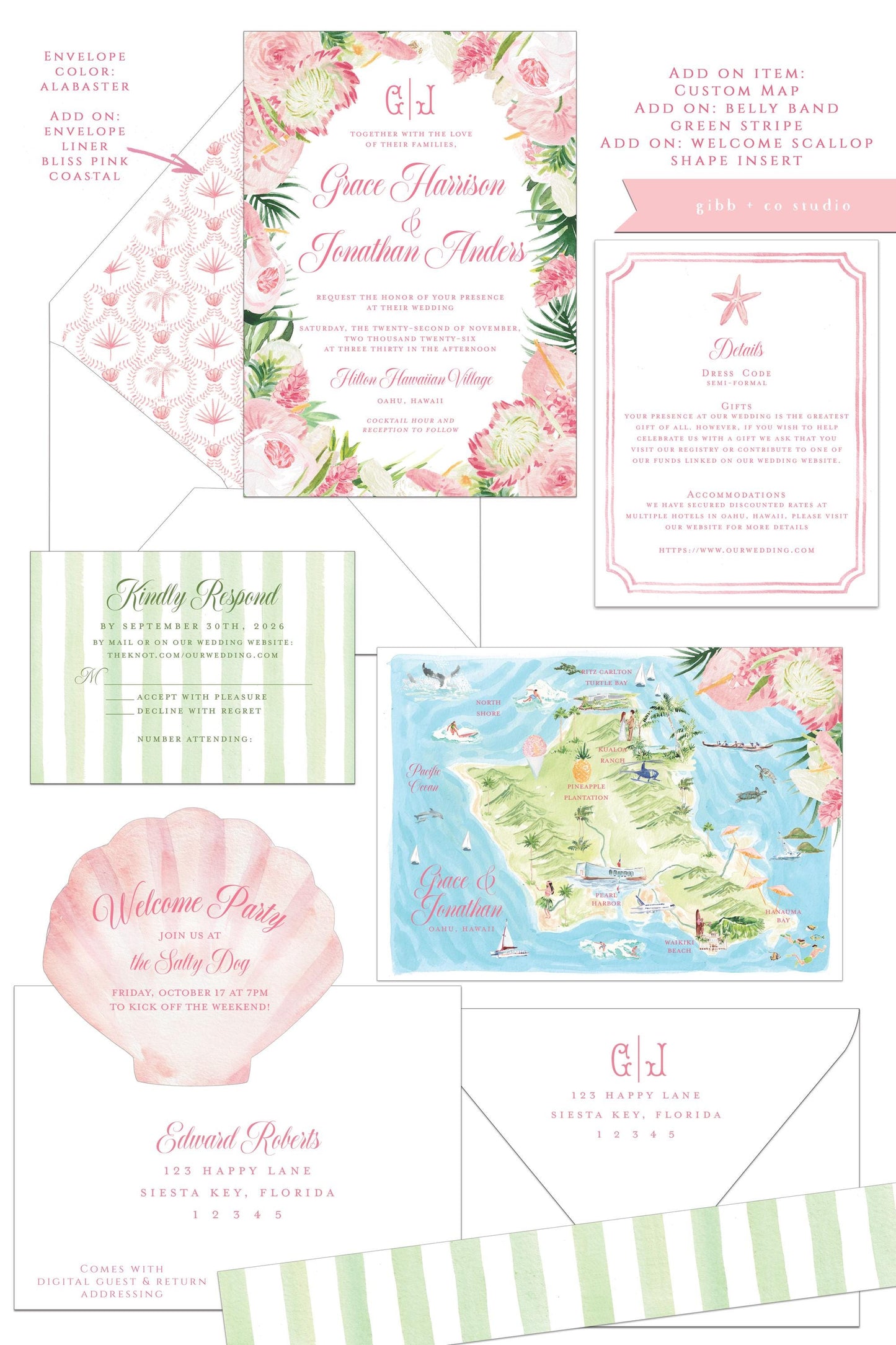 Lulu Tropical wedding invitation, pink protea, tropical flowers, beach wedding, destination wedding, watercolor invites, semi custom, deposit only