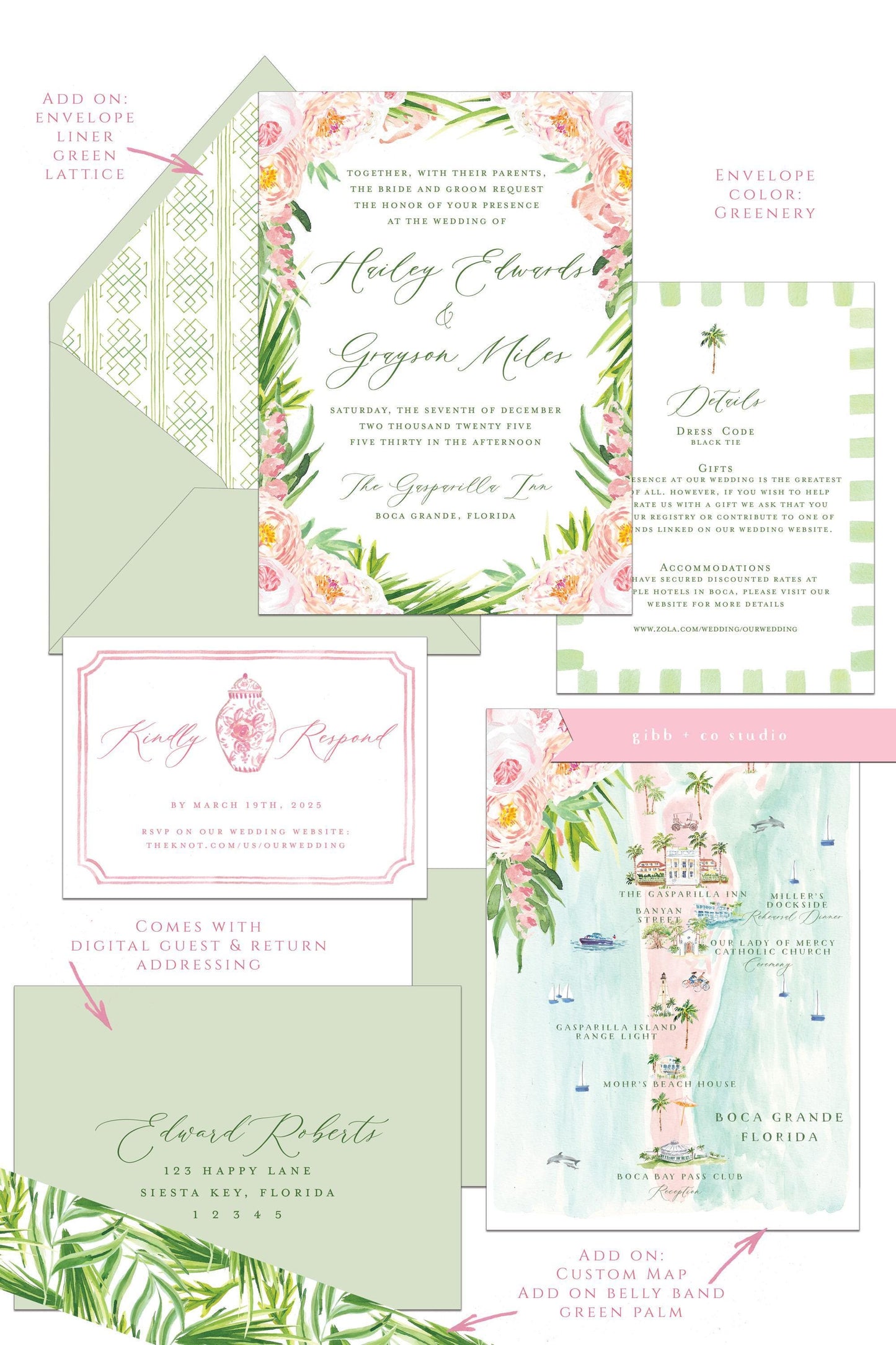 Tropical wedding invitations, beach wedding, Coastal wedding, Katie Semi Custom, rsvp, detail, peony, watercolor pink floral, deposit