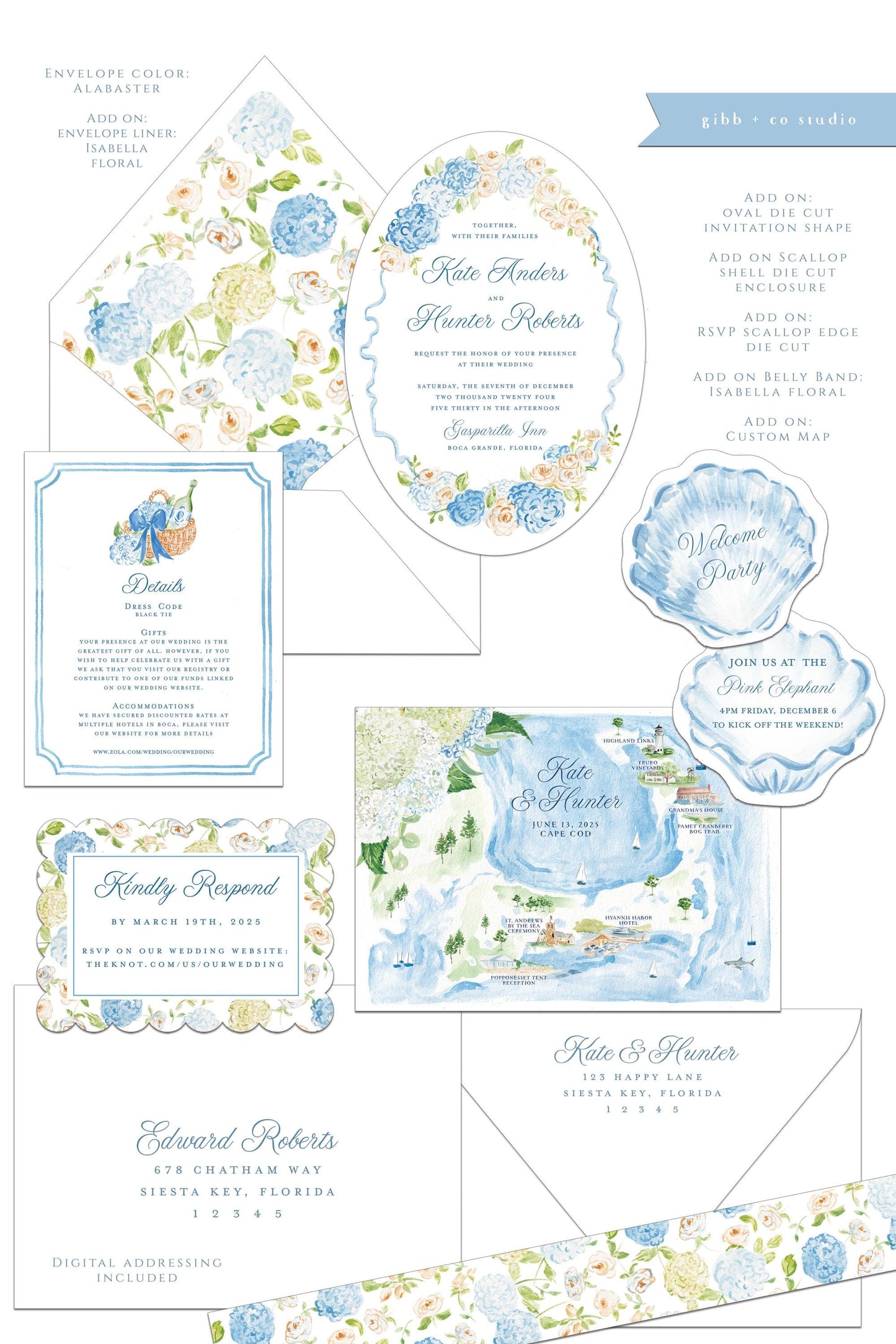 Kelsey Coastal wedding invitation, blue hydrangea, beach wedding, coastal wedding, watercolor Semi Custom wedding set, deposit only