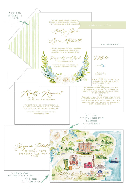 Floral Wedding Invitations, Hand Painted, Semi Custom RSVP, deposit