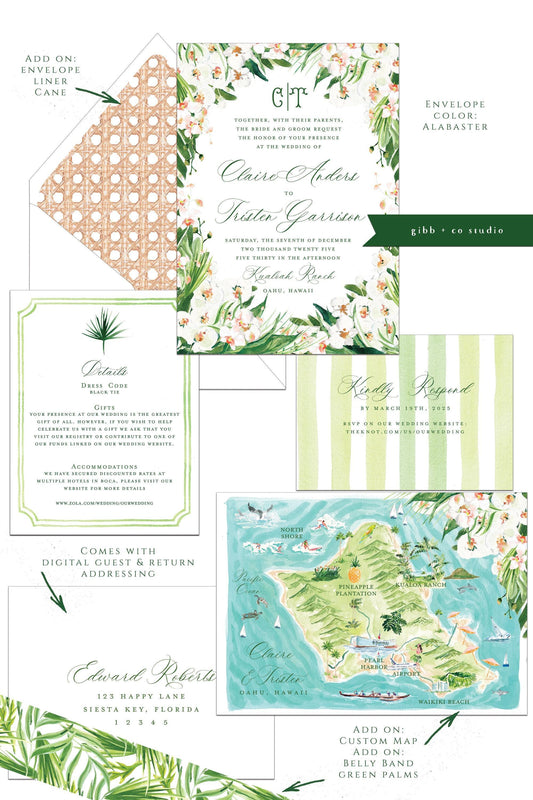 Tropical wedding invitations, beach wedding, Coastal wedding, White Orchid Tori Semi Custom wedding invites, rsvp, detail, watercolor