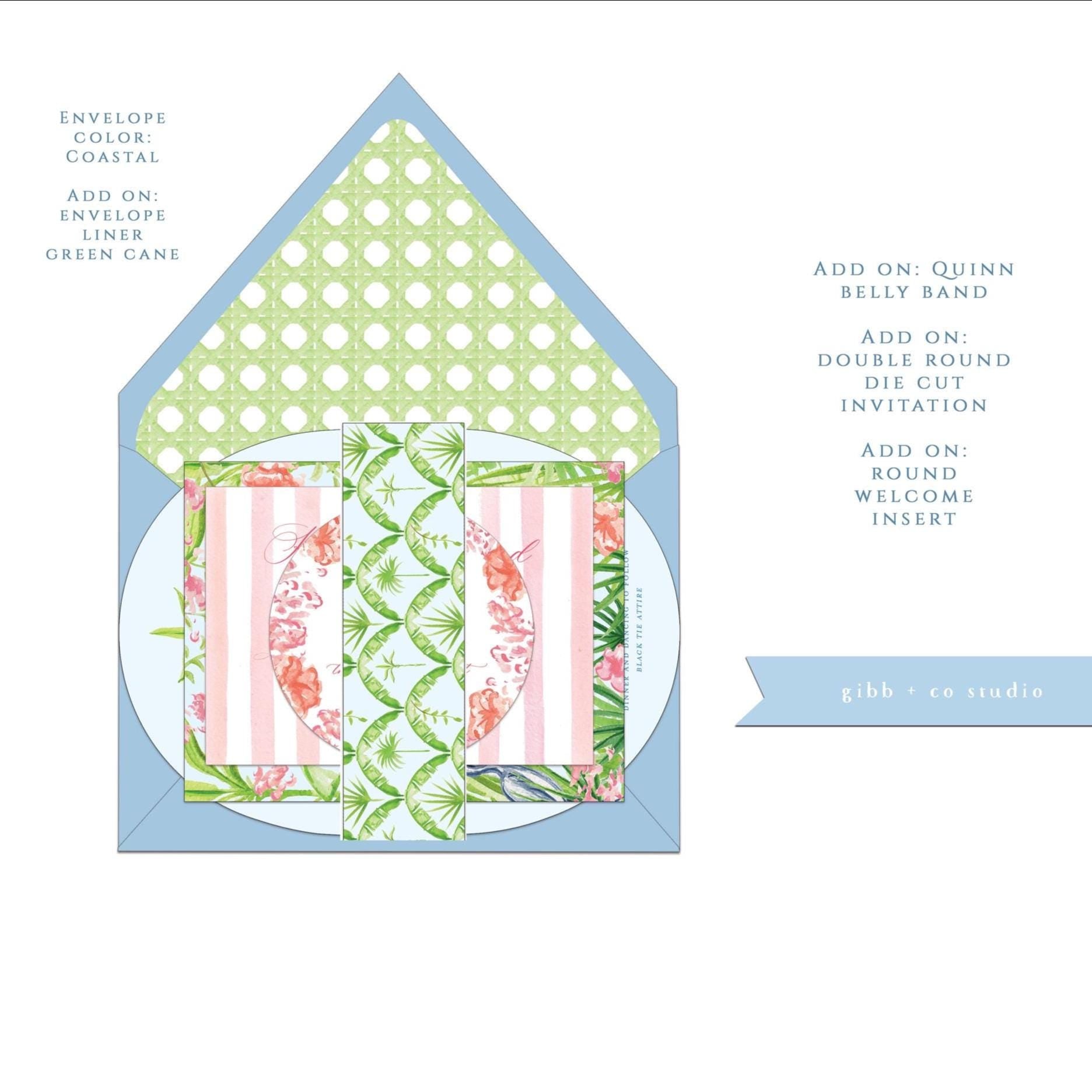 Quinn wedding set stack with coastal blue envelopes and various additional options such as green cane envelope liner, welcome insert enclosure and belly band