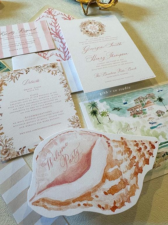 Calypso wedding invitation, pink and white, coastal beach wedding, semi custom wedding, destination wedding, watercolor invite, set of 25