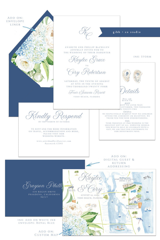 Coastal wedding invitations, blue hydrangeas, Semi Custom printed wedding invites, floral watercolor, wedding invites, rsvp, details