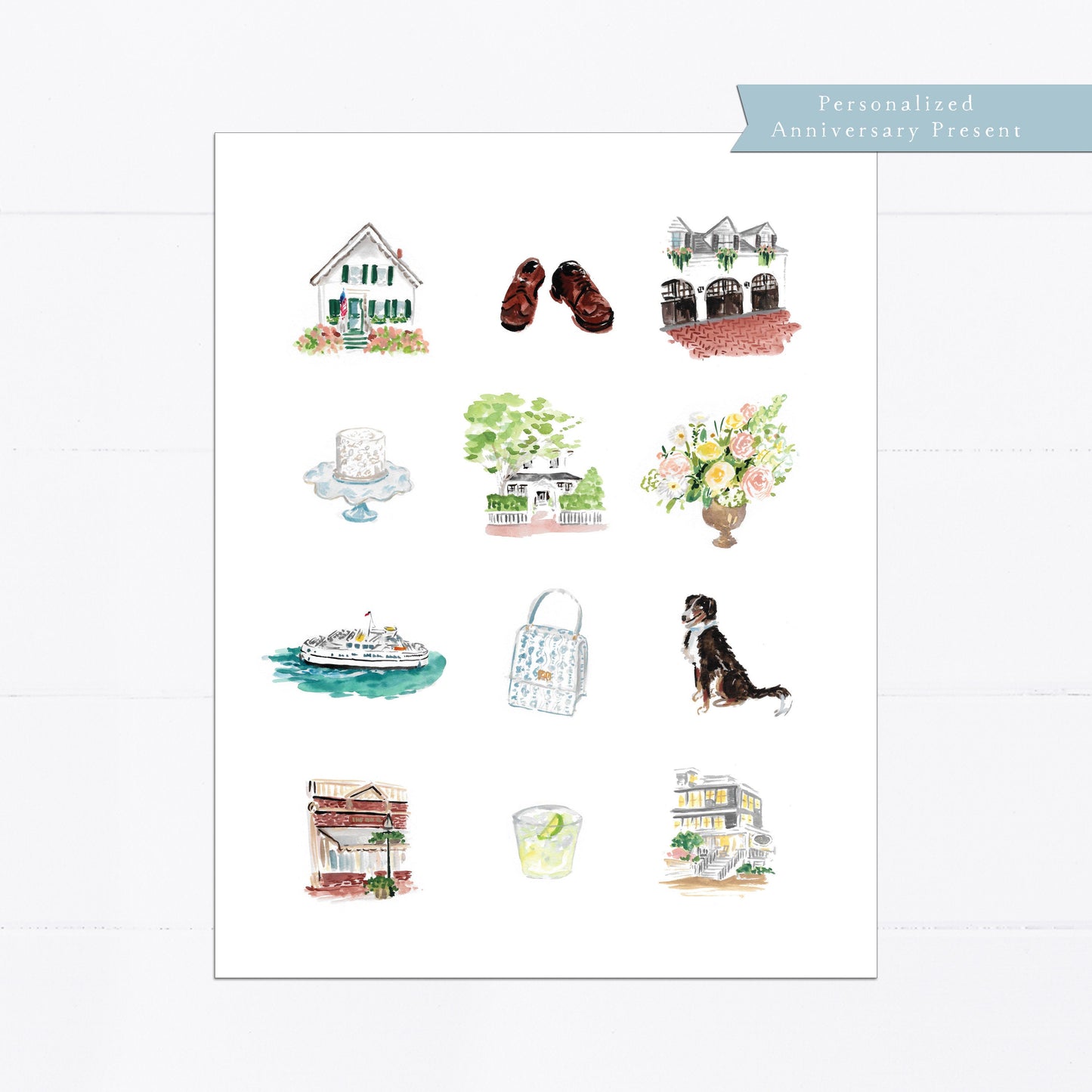 Custom watercolor, anniversary gift, personalized gift, 1st anniversary, wedding, illustrated, keepsake, wedding schedule