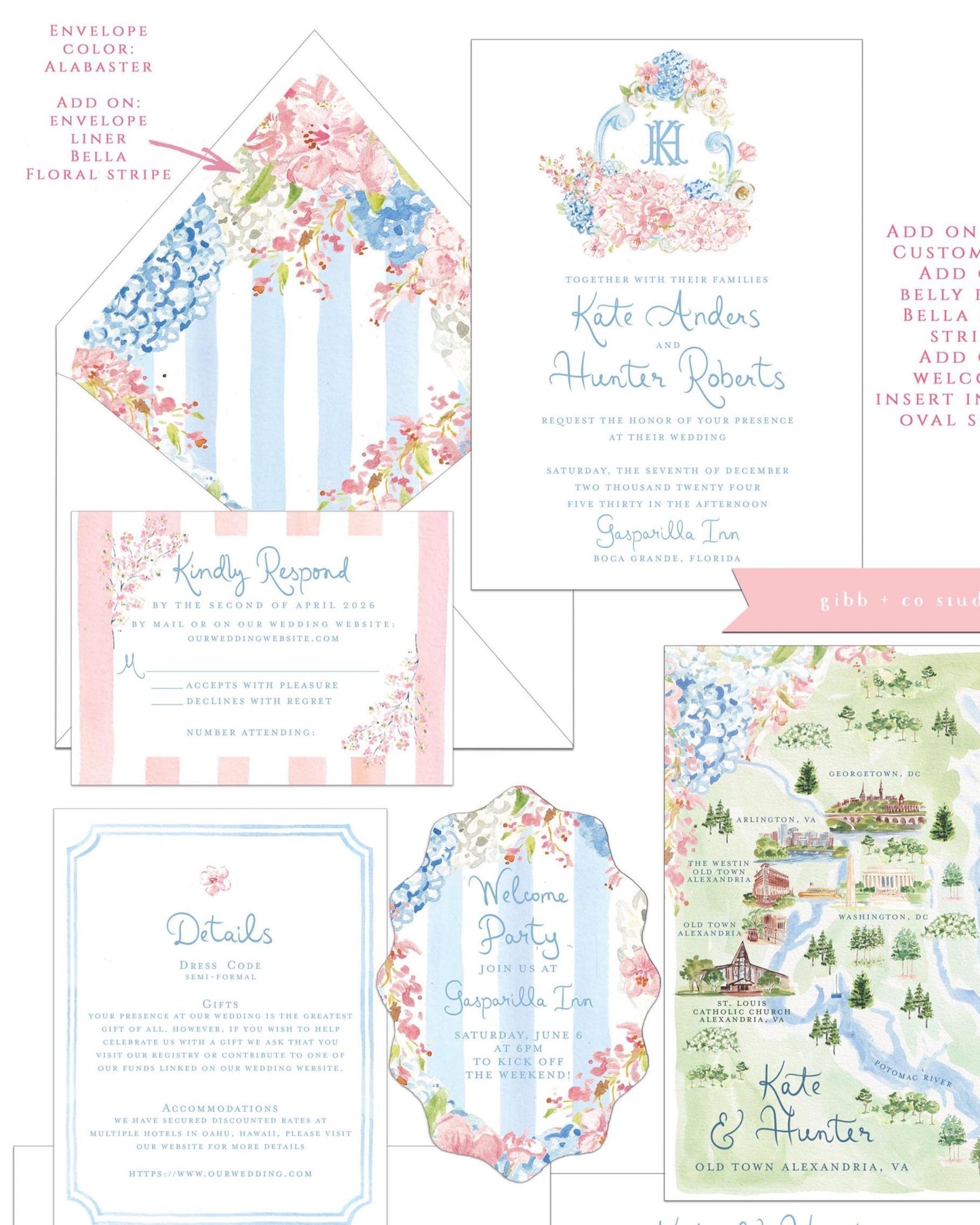 Bella Cherry Blossom wedding invitation, pink and blue, hydrangeas, semi custom, floral wedding, destination wedding, watercolor invites, deposit only