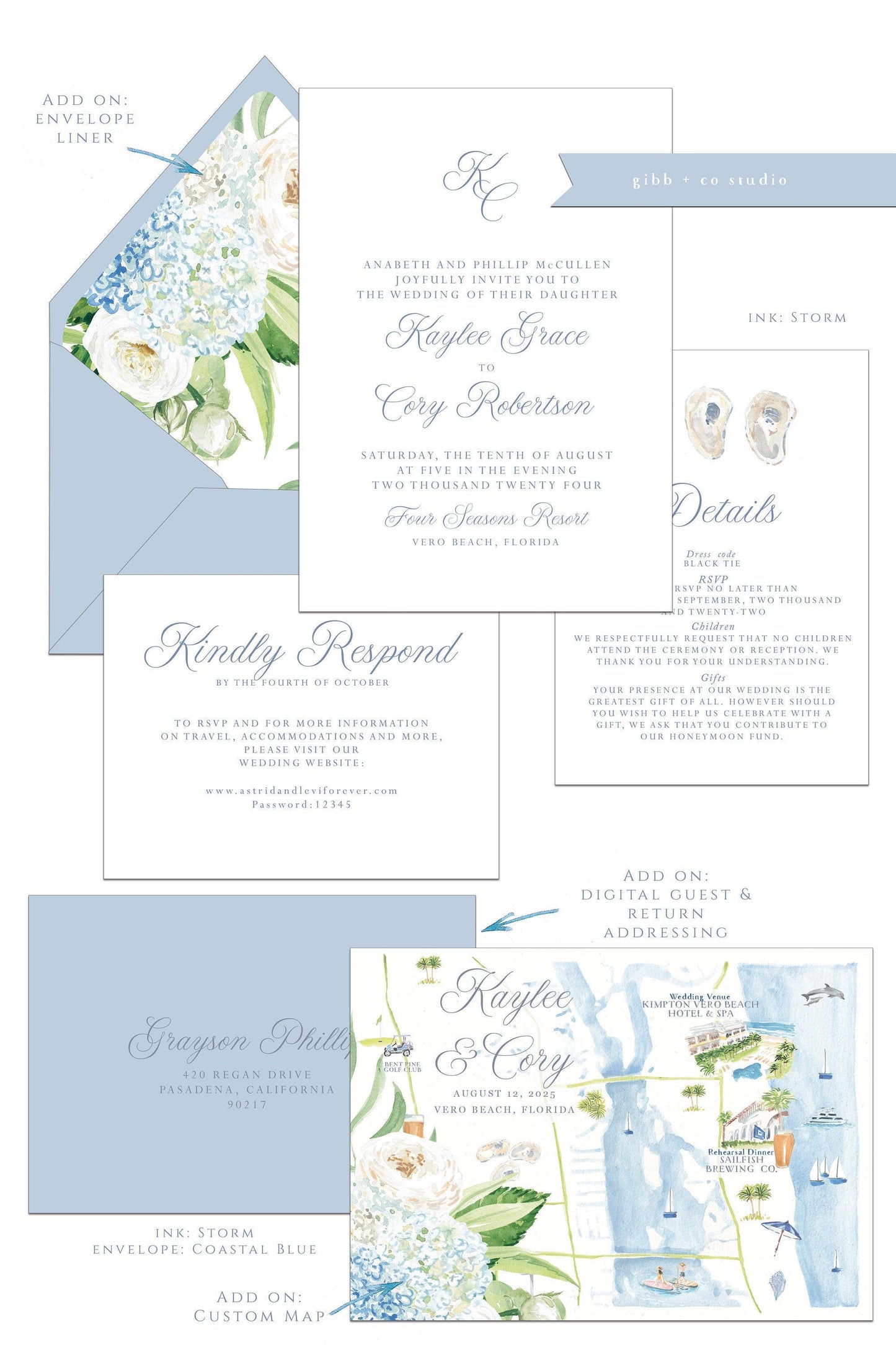 Coastal wedding invitations, blue hydrangeas, Semi Custom printed wedding invites, floral watercolor, wedding invites, rsvp, details