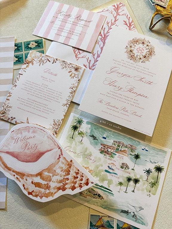 Calypso wedding invitation, pink and white, coastal beach wedding, semi custom wedding, destination wedding, watercolor invite, set of 25