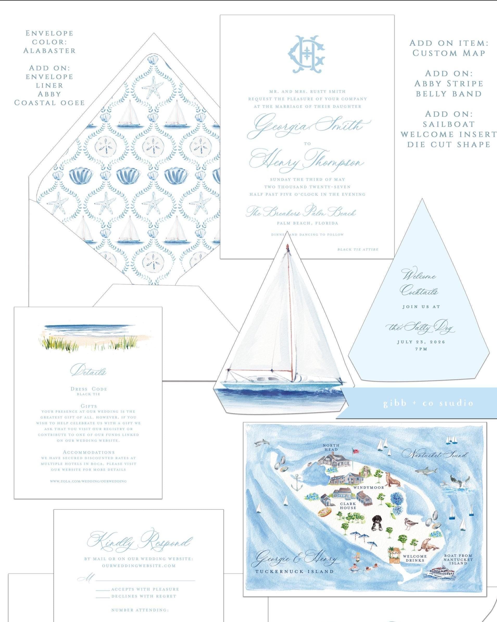 Coastal semi custom wedding set with white envelope and custom map
