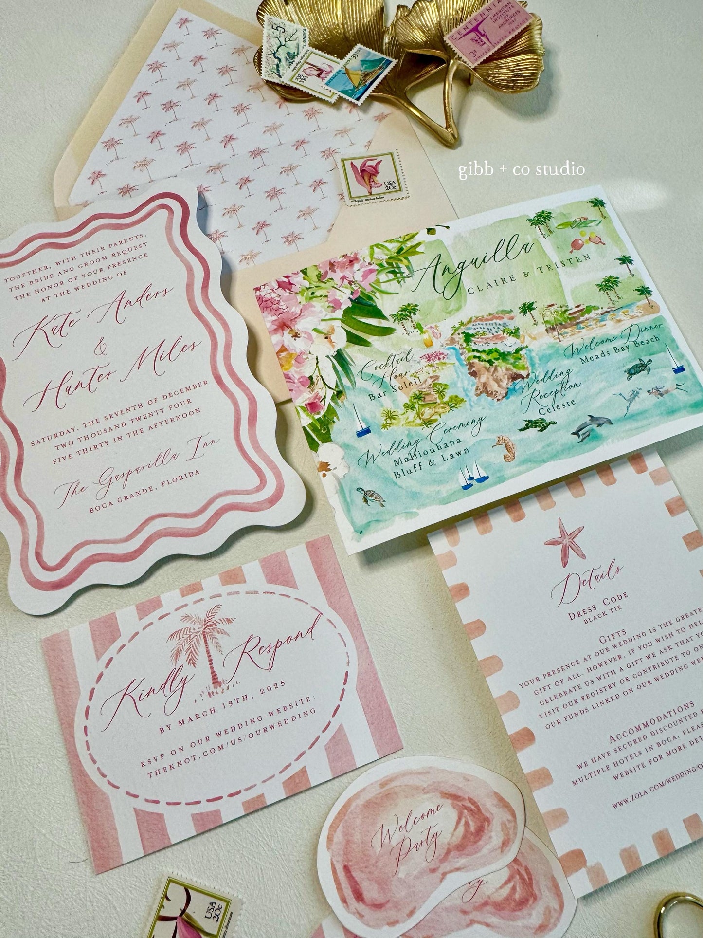 Pink Coastal wedding invitations, beach wedding, Bliss Semi Custom wedding invites, wedding invites, rsvp, wedding details card, watercolor