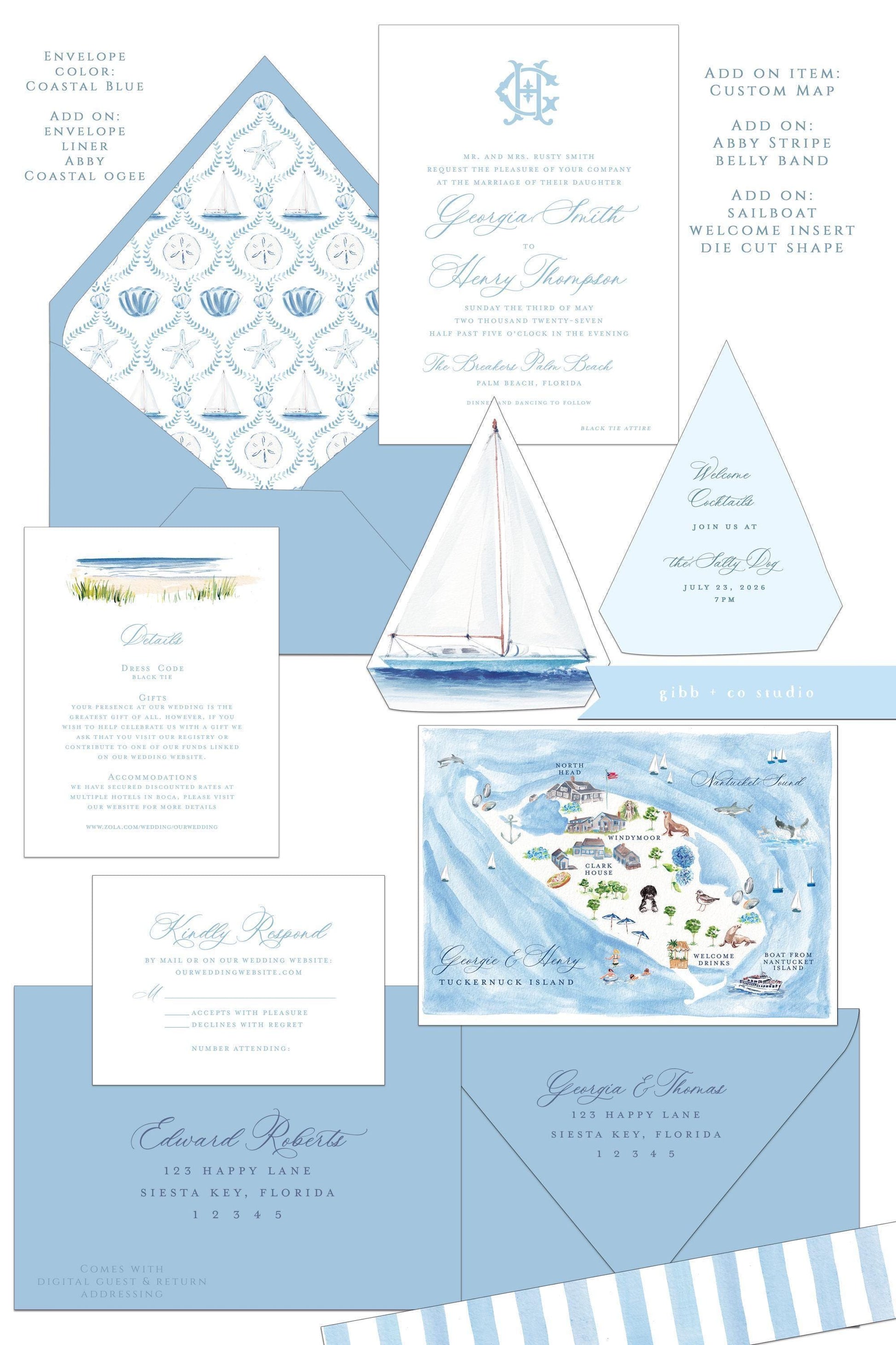 Abby Semi custom coastal wedding set with coastal blue envelopes and custom map and add on sailboat die cut insert and other add on elements